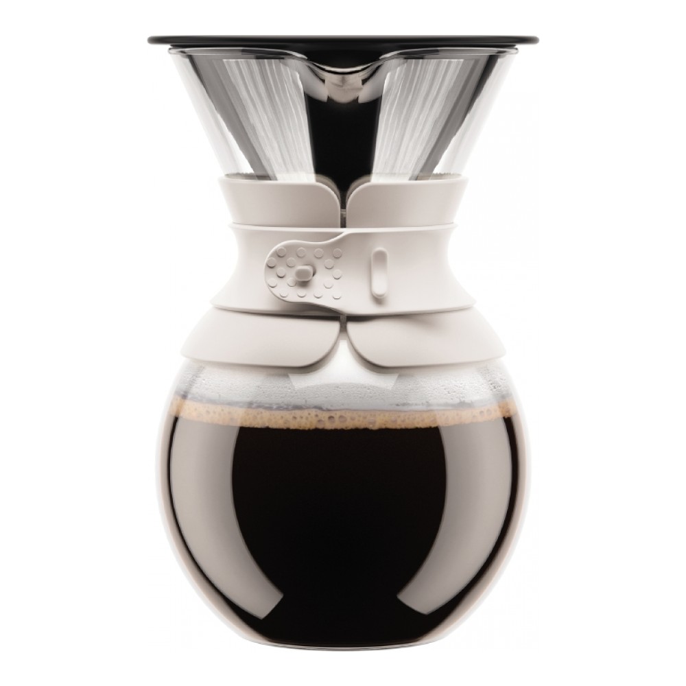 Кофейник Bodum Pour Over, с фильтром, цвет: прозрачный, белый, 1 л11571-913 Кофейник Bodum Pour Over, с фильтром, цвет: прозрачный, белый, 1 л11571-913Кофейник с фильтром Bodum Pour Over предназначен для заваривания кофе. Он гарантирует великолепный, богатый вкус и стойкий аромат при одновременном сохранении натуральных эфирных масел молотого кофе. Кофейник изготовлен из боросиликатного термостойкого стекла, снабжен специальной пластиковой вставкой с силиконовым ремешком, чтобы не обжечь руки. Фильтр выполнен из пластика с сеткой из коррозионностойкой стали. Кофейник очень прост в использовании. Заполните воронку молотым кофе, предназначенным для приготовления капельным способом. Медленно вливайте горячую воду, дайте воде просочиться сквозь кофе, готовый кофе будет капать в емкость. Диаметр емкости (по верхнему краю): 12 см. Высота емкости (без учета крышки): 21 см. Размер фильтра: 17 х 13,5 х 10 см.