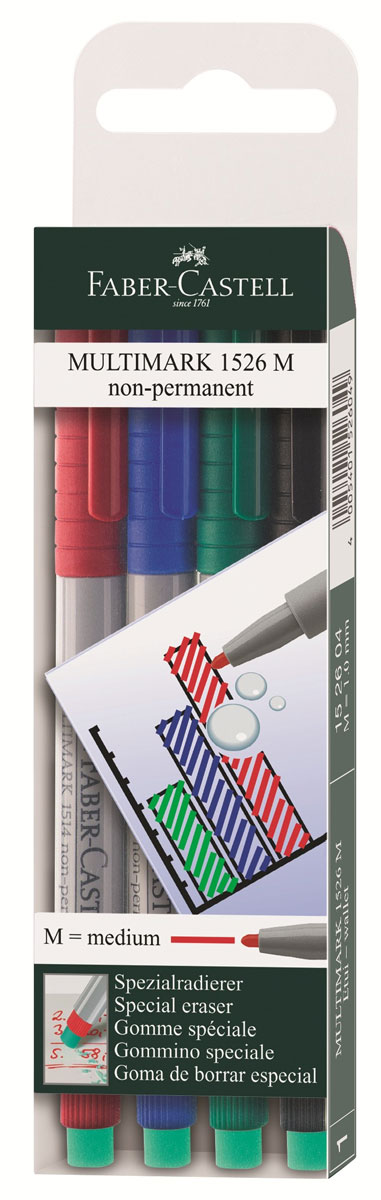 Faber-Castell Капиллярная ручка Multimark M для письма на пленке 4 цвета72523WD Faber-Castell Капиллярная ручка Multimark M для письма на пленке 4 цвета72523WDКапиллярная ручка Multimark предназначена для письма на CD, DVD дисках, пленках для проекторов и других гладких поверхностях. Ручка с обратной стороны содержит специальный ластик для стирания чернил. Чернила быстросохнущие, с яркими цветами, корпус изготовлен из прочного пластика. В наборе 4 цвета: черный, красный, синий, зеленый.