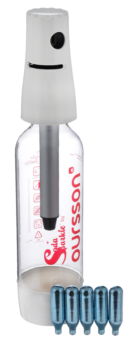 Сифон Oursson Soda Sparkle, цвет: прозрачный, белый, 1 лOS1000SK/IV Сифон Oursson Soda Sparkle, цвет: прозрачный, белый, 1 лOS1000SK/IVСифон Oursson Soda Sparkle изготовлен из безопасного пищевого пластика (BPA free). С ним вы всегда легко и быстро сможете приготовить любимый газированный напиток. К сифону прилагается многоразовая бутылка с винтовой крышкой и 5 металлических баллонов с газом СО2. Не подходит для мытья в посудомоечной машине или горячей воде. Высота головки сифона: 12,5 см. Длина зарядного стержня: 14 см. Диаметр бутылки (по верхнему краю): 4 см. Диаметр основания бутылки: 8 см. Высота бутылки: 29 см. Размеры баллона: 6,5 см х 1,8 см см х 1,8 см. Содержание газа: 8 г.