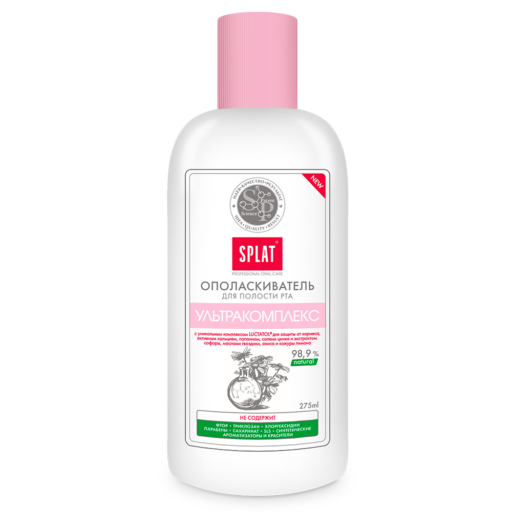 Splat Professional Ополаскиватель для полости рта Ultracomplex / Ультракомплекс, 275 млОУ-189 Splat Professional Ополаскиватель для полости рта Ultracomplex / Ультракомплекс, 275 млОУ-189Ополаскиватель для полости рта SPLAT «УЛЬТРАКОМПЛЕКС» Ополаскиватель Splat Ультракомплекс — эффективное профилактическое средство: • Удобно использовать после еды и после чистки полости рта; • Активные ингредиенты ополаскивателя прекрасно проникают в труднодоступные места, обеспечивая абсолютное очищение; • Дополняет профилактическое действие зубной пасты Splat Professional «Ультракомплекс»; • Надолго освежает дыхание; • Незаменим при наличии ортодонтических и ортопедических конструкций; • Можно использовать в ирригаторах. Инновационная, защищенная патентом* система LUCTATOL® блокирует развитие кариесогенных бактерий и до 96% защищает от образования зубного налета. Гидроксиапатит эффективно укрепляет эмаль, восстанавливая поврежденные участки, и устраняет причину повышенной чувствительности зубов. Папаин эффективно расщепляет налет, способствуя качественной очистке и долгой свежести дыхания. Бисаболол в сочетании с натуральными маслами эвкалипта, гвоздики, кожуры апельсина оказывают...