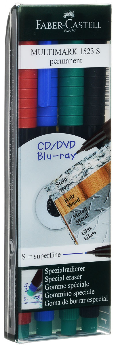 Faber-Castell Капиллярная ручка Multimark 4 шт610842 Faber-Castell Капиллярная ручка Multimark 4 шт610842Капиллярная ручка Faber-Castell Multimark пригодна для письма на пленке для проекторов и всех видах гладких поверхностей - CD, металл, стекло, пластик (PP, PET, ПВХ и т.д.). Ручка содержит специальный ластик для стирания чернил. В комплект входят 4 ручки красного, синего, зеленого и черного цветов.