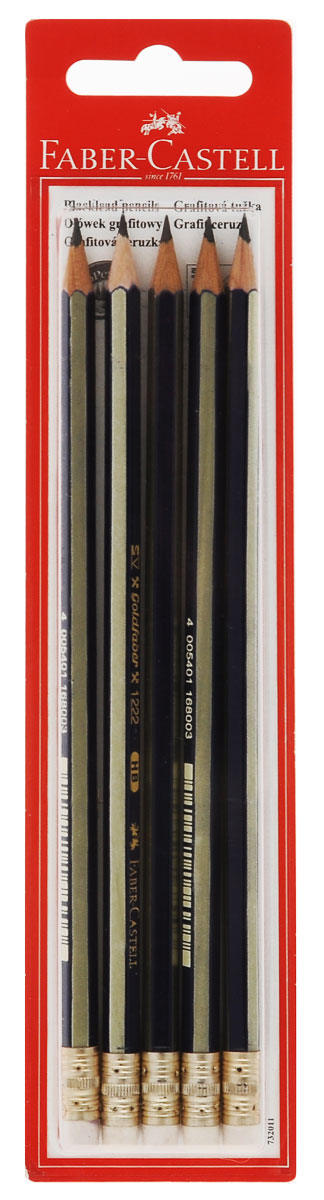 Faber-Castell Чернографитовый карандаш Goldfaber твердость HB 5 шт263395 Faber-Castell Чернографитовый карандаш Goldfaber твердость HB 5 шт263395Чернографитовый карандаш Faber-Castell Goldfaber станет не только идеальным инструментом для письма, рисования или черчения, но и дополнит ваш имидж. Шестигранный корпус выполнен из натуральной древесины с сине-золотистым покрытием с надписями золотистого цвета. Высококачественный ударопрочный грифель не крошится и не ломается при заточке. Качественная мягкая древесина обеспечивает хорошее затачивание. Специальная SV технология вклеивания грифеля предотвращает его поломку при падении на пол. Наконечник карандаша оснащен ластиком. Карандаши покрыты лаком на водной основе в целях защиты окружающей среды. Степень твердости - HB. В комплект входят 5 графитовых карандашей.