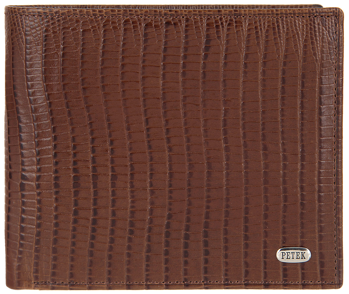 Портмоне мужское Petek 1855, цвет: коричневый. 120.041.02120.041.02 D.Brown Портмоне мужское Petek 1855, цвет: коричневый. 120.041.02120.041.02 D.BrownСтильное мужское портмоне Petek выполнено из натуральной кожи с тиснением под рептилию и оформлено металлической фурнитурой с символикой бренда. Изделие раскладывается пополам. Внутри размещены два отделения для купюр, отделение для монет на кнопке, три кармашка для кредитных карт или визиток, дополнительный накладной карман. Изделие поставляется в фирменной упаковке. Стильное портмоне Petek станет отличным подарком для человека, ценящего качественные и практичные вещи.