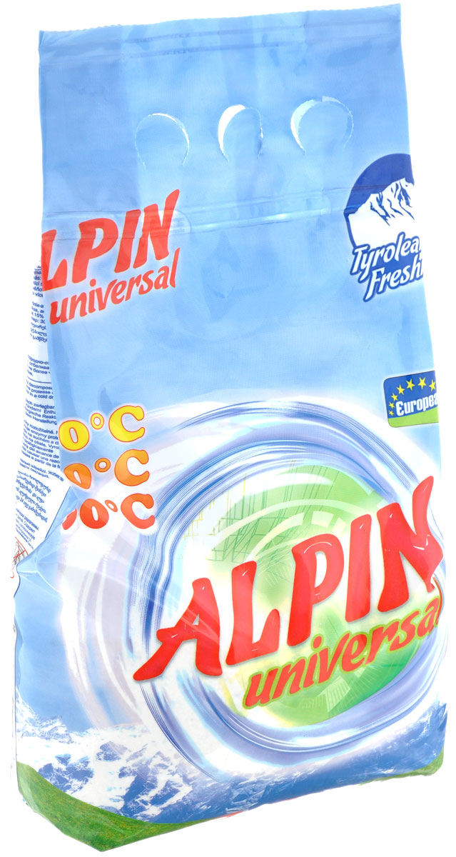 Стиральный порошок Alpin Universal, 1,5 кгАB1500PUL Стиральный порошок Alpin Universal, 1,5 кгАB1500PULСтиральный порошок Alpin Universal с активным кислородом, обладает очень хорошими стирающими свойствами даже при невысокой температуре воды. Устраняет пятна, не повреждая волокна ткани. Уникальная новая формула стирального порошка для любых видов тканей, в том числе и цветных, позволяет использовать его в любых режимах при любой температуре. Ваши вещи никогда не деформируются и не полиняют. Товар сертифицирован.