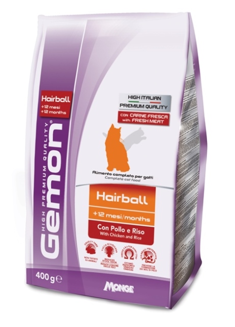 Корм Gemon Cat Hairball для выведение шерсти для взрослых кошек с курицей и рисом 400 г70297080 Корм Gemon Cat Hairball для выведение шерсти для взрослых кошек с курицей и рисом 400 г70297080Gemon Cat Hairball корм для выведение шерсти для взрослых кошек с курицей и рисом. Полноценный корм для кошек с 1 до 10 лет. Изготовлен с добавлением натуральной клетчатки высокой и низкой степени ферментации для профилактики образования комков шерсти в желудке Условия хранения: в прохладном темном месте