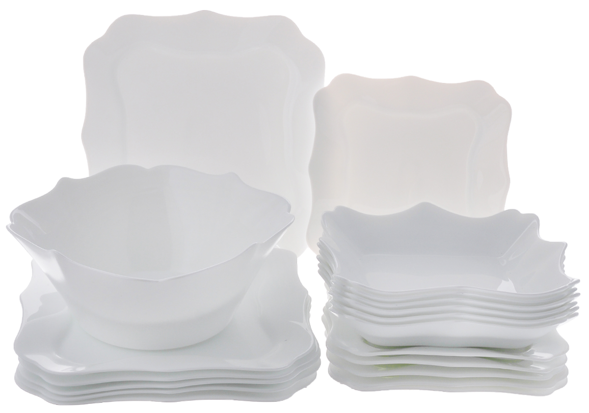 Набор столовый Luminarc Authentic, цвет: белый, 19 предметовE6197 Набор столовый Luminarc Authentic, цвет: белый, 19 предметовE6197Столовый набор Luminarc Authentic состоит из 6 суповых тарелок, 6 обеденных тарелок, 6 десертных тарелок и глубокого салатника. Изделия выполнены из ударопрочного стекла, имеют классический монохромный дизайн и красивую квадратную форму с резными краями. Посуда отличается прочностью, гигиеничностью и долгим сроком службы, она устойчива к появлению царапин и резким перепадам температур. Такой набор прекрасно подойдет как для повседневного использования, так и для праздников или особенных случаев. Столовый набор Luminarc - это не только яркий и полезный подарок для родных и близких, это также великолепное дизайнерское решение для вашей кухни или столовой. Изделия можно мыть в посудомоечной машине и использовать в СВЧ-печи. Размер суповой тарелки: 22 см х 22 см. Размер обеденной тарелки: 26 см х 26 см. Размер десертной тарелки: 20,5 см х 20,5 см. Размер салатника: 24 см х 24 см х 10 см.