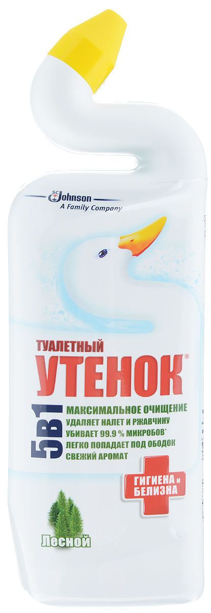 Средство по уходу за туалетом Туалетный утенок Гигиена и белизна, лесной, 750 мл676553 Средство по уходу за туалетом Туалетный утенок Гигиена и белизна, лесной, 750 мл676553Средство по уходу за туалетом Туалетный утенок Гигиена и белизна эффективно удаляет налет и ржавчину. Благодаря уникальной форме горлышка Туалетный утенок лучше проникает в труднодоступные места скопления бактерий под ободком унитаза. Убивает 99,9% микробов. Устраняет неприятные запахи, оставляя свежий аромат. Эффективен даже под водой. Специальная конструкция колпачка не позволяет открывать флакон детям. Состав: вода, кислота соляная >5% но Товар сертифицирован.