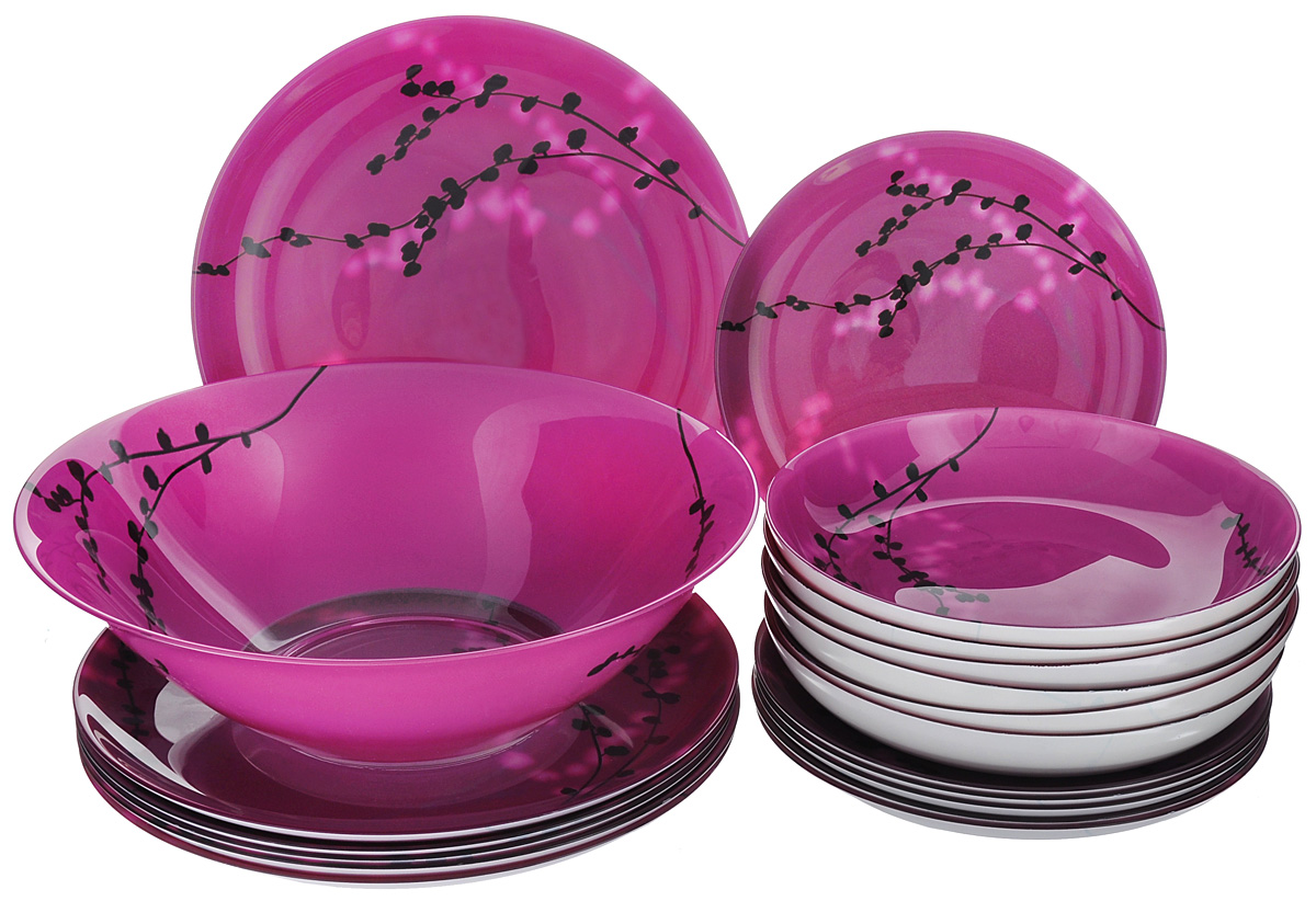 Набор столовой посуды Luminarc Kashima Fushia, 19 предметовG9715 Набор столовой посуды Luminarc Kashima Fushia, 19 предметовG9715Набор Luminarc Kashima Fushia состоит из 6 суповых тарелок, 6 обеденных тарелок, 6 десертных тарелок и глубокого салатника. Изделия выполнены из ударопрочного стекла, имеют яркий дизайн с изящным цветочным рисунком в японском стиле и классическую круглую форму. Посуда отличается прочностью, гигиеничностью и долгим сроком службы, она устойчива к появлению царапин и резким перепадам температур. Такой набор прекрасно подойдет как для повседневного использования, так и для праздников или особенных случаев. Набор столовой посуды Luminarc Kashima Fushia - это не только яркий и полезный подарок для родных и близких, а также великолепное дизайнерское решение для вашей кухни или столовой. Можно мыть в посудомоечной машине и использовать в микроволновой печи. Диаметр суповой тарелки: 20,5 см. Высота суповой тарелки: 3,2 см. Диаметр обеденной тарелки: 25 см. Высота обеденной тарелки: 2 см. Диаметр десертной тарелки:...