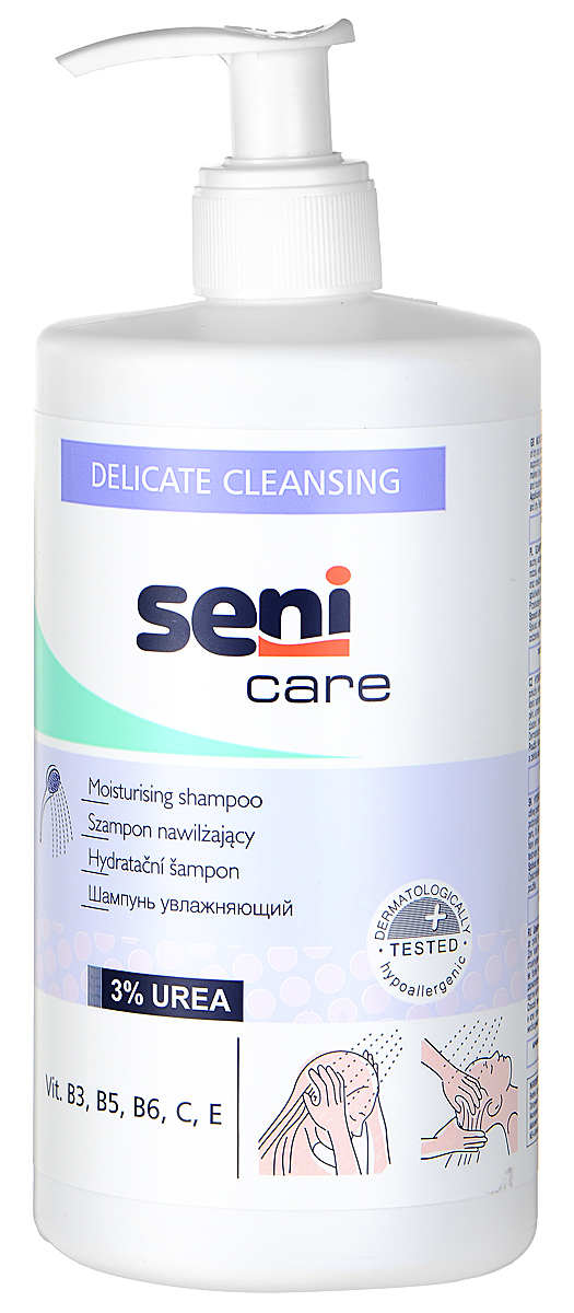 Seni Шампунь Care, увлажняющий, 500 млSE-231-B500-151 Seni Шампунь Care, увлажняющий, 500 млSE-231-B500-151Шампунь Seni Care рекомендуется для всех типов волос и ухода за сухой, чувствительной кожей головы, склонной к раздражению и воспалениям. Шампунь содержит мочевину, которая регулирует процесс естественного отшелушивания сухого эпидермиса, увлажняет и питает кожу головы, улучшает состояние волос, придает им здоровый вид. Подходит для ежедневного применения. Проверено дерматологами. Гипоаллергенный. Товар сертифицирован.