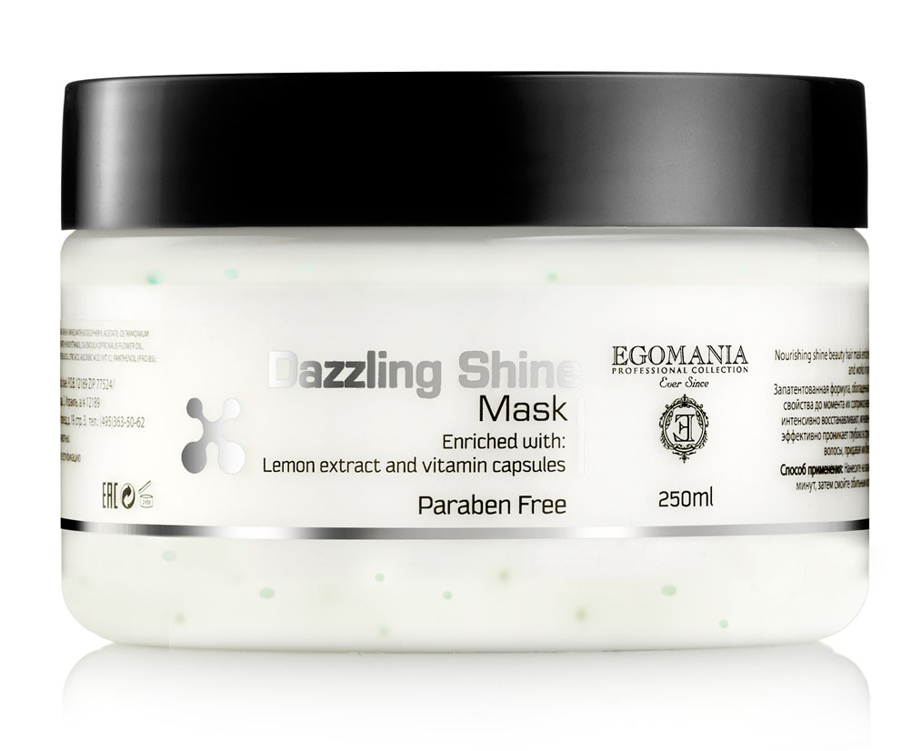 Egomania Professional Collection Маска Dazzling Shine для придания блеска волосам491823 Egomania Professional Collection Маска Dazzling Shine для придания блеска волосам491823Питательная маска для придания блеска волосам интенсивно воздействует на структуру волоса, восстанавливая ее, делая волосы здоровыми, более гладкими, шелковистыми и блестящими. Запатентованная формула, обогащенная маленькими капсулами, которые сохраняют все полезные свойства компонентов до момента соприкосновения с волосами и кожей головы, содержит большое количество клетчатки из целлюлозы, гинкго билоба и крахмала кукурузы. Клетчатка заполняет пустоты волоса, делая его плотным и целостным.