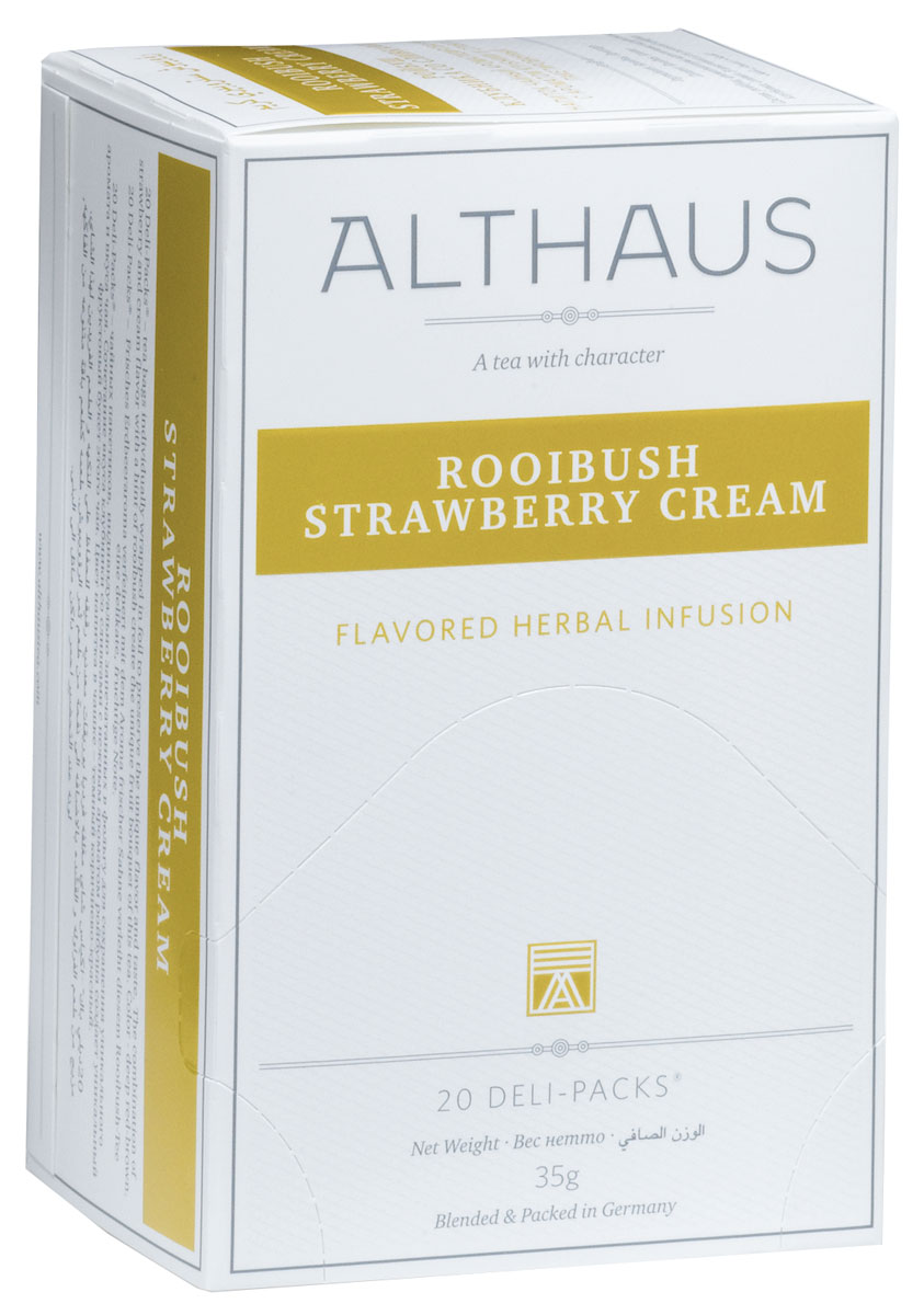 Althaus Rooibush Strawberry Cream фруктовый чай в пакетиках, 20 штTALTHB-DP0027 Althaus Rooibush Strawberry Cream фруктовый чай в пакетиках, 20 штTALTHB-DP0027Rooibush Strawberry Cream - это превосходное сочетание вкуса спелой клубники, воздушных сливок и нежного аромата отборных листьев ройбуша. Ройбуш — это экзотический напиток из Южной Африки, который не содержит кофеина и исключительно полезен для здоровья. Ройбуш Клубника со Сливками прекрасно подходит к различным десертам. В каждой упаковке находится по 20 пакетиков чая для чашек. Страна: ЮАР. Температура воды: 85-100 °С. Время заваривания: 4-5 мин. Цвет в чашке: насыщенный красно-коричневый. Althaus - премиальная чайная коллекция. Чай, ингредиенты и ароматизаторы для своих купажей компания Althaus получает от тщательно выбираемых чайных садов, мировых поставщиков высококачественных сублимированных фруктов и трав, а также ведущих европейских производителей ароматизаторов. Пакетик Deli Pack представляет собой порционный двухкамерный мешочек из фильтр-бумаги, запаянный в специальный термоконверт с алюминиевой фольгой. Материал...