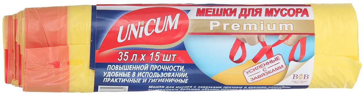 Мешки для мусора Unicum Premium, с завязками, цвет: желтый, 35 л, 15 шт530885 Мешки для мусора Unicum Premium, с завязками, цвет: желтый, 35 л, 15 шт530885Мешки для мусора Unicum Premium выполнены из первичного полиэтилена высокого давления. Мешки прочные и крепкие, способны выдерживать большие объемы мусора. Благодаря прочным ручкам удобны в переноске, в завязанном виде предотвращают распространение неприятного запаха. Возможно использование для временного хранения вещей. Материал: первичный полиэтилен высокого давления. Количество: 15 шт.