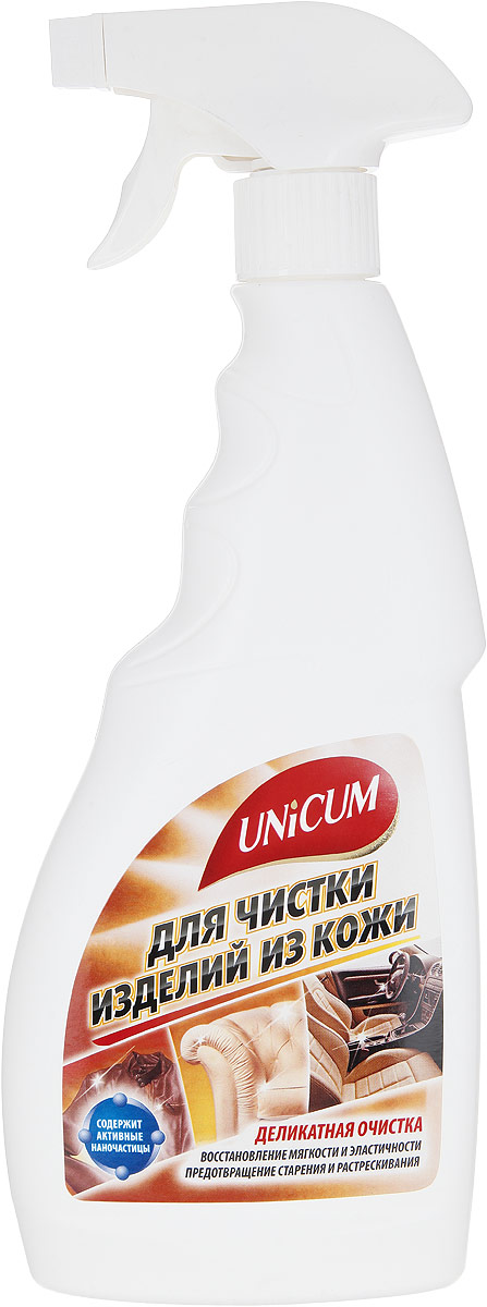 Средство для чистки изделий из кожи Unicum, 500 мл300063 Средство для чистки изделий из кожи Unicum, 500 мл300063Средство Unicum для деликатной очистки и продления срока службы изделий из кожи. Уникальное средство возвращает кожаным изделиям первоначальный вид, мягкость и эластичность, естественный шелковистый блеск и приятный запах, предотвращает старение и при регулярном применении существенно продлевает срок их службы. Рекомендуется для регулярной обработки кожаной мебели, салонов автомобилей, пальто, курток, сумок, портфелей, ремней, высококачественной обуви. После обработки средством остается нанослой, отталкивающий загрязнения и облегчающий последующий уход. Состав: очищенная вода, силиконовая микроэмульсия 5-15%, ухаживающие добавки <5%, НПАВ <5%, отдушка <5%, консервант <5%.