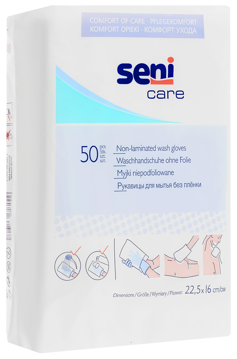 Seni Рукавица для мытья Care, без непроницаемой пленки, 50 штSE-981-MYJK-002 Seni Рукавица для мытья Care, без непроницаемой пленки, 50 штSE-981-MYJK-002Одноразовые рукавицы Seni Care выполнены из нетканого материала без водонепроницаемой пленки. Рекомендуются для очищения кожи с использованием специальных косметических средств, требующих смывания водой. Предотвращают контакт кожи рук с загрязнениями на теле пациента. Размер рукавицы: 22,5 см х 16 см. Товар сертифицирован.