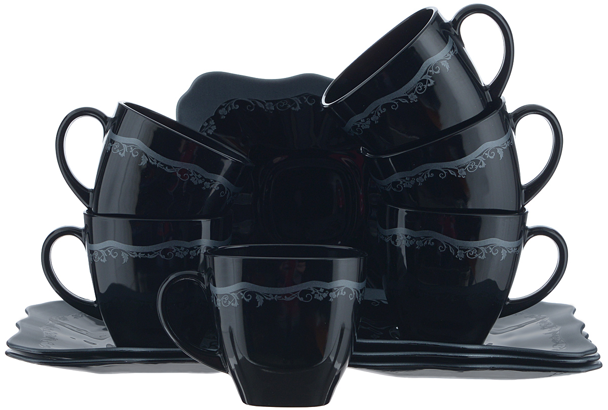 Набор чайный Luminarc Authentic Silver, цвет: черный, серый, 12 предметовH8407 Набор чайный Luminarc Authentic Silver, цвет: черный, серый, 12 предметовH8407Чайный набор Luminarc Authentic Silver состоит из 6 чашек и 6 блюдец. Изделия выполнены из высококачественного ударопрочного стекла, имеют элегантный дизайн с красивым цветочным орнаментом. Блюдца квадратной формы декорированы красивыми резными краями. Посуда отличается прочностью, гигиеничностью и долгим сроком службы, она устойчива к появлению царапин и резким перепадам температур. Такой набор прекрасно подойдет как для повседневного использования, так и для праздников или особенных случаев. Чайный набор Luminarc - это не только яркий и полезный подарок для родных и близких, это также великолепное дизайнерское решение для вашей кухни или столовой. Изделия можно мыть в посудомоечной машине и использовать в СВЧ-печи. Объем чашки: 220 мл. Размер чашки: 7,5 см х 7,5 см х 7,5 см. Размер блюдца: 15 см х 15 см.