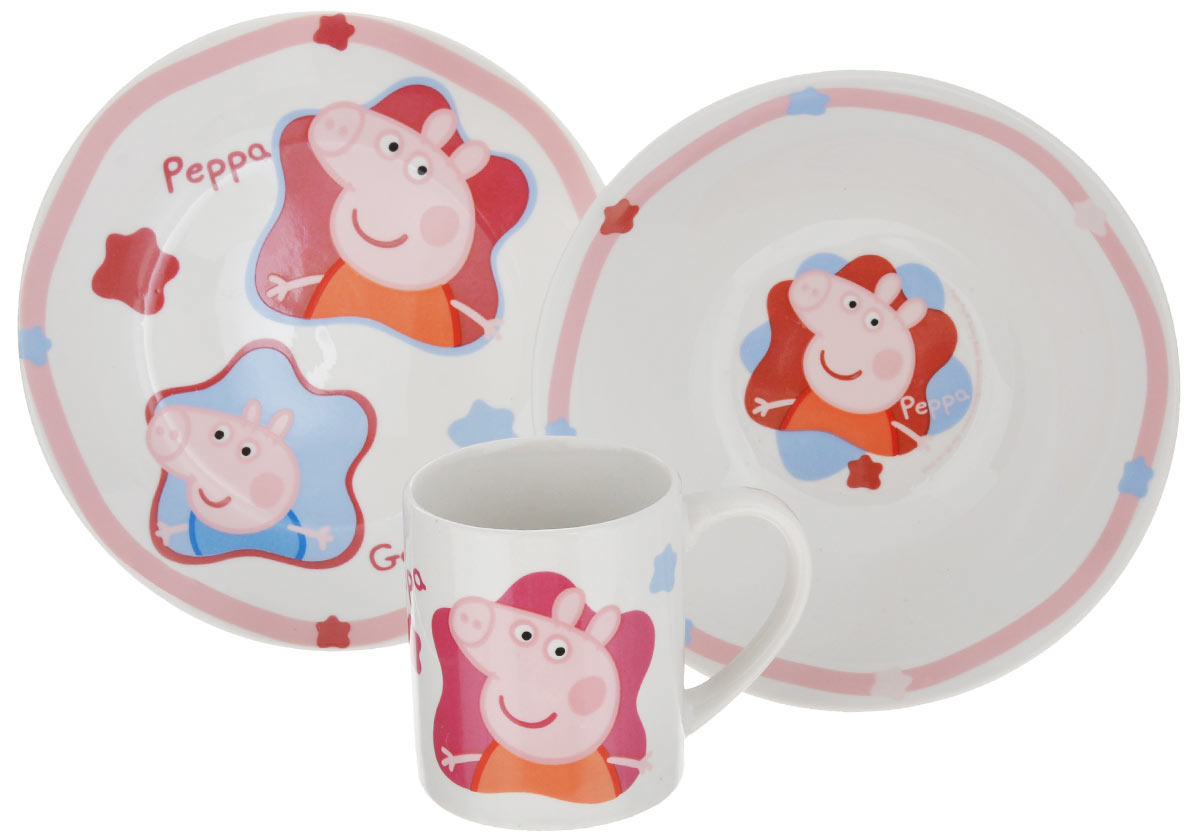 Набор детской посуды Peppa Pig, 3 предмета72765 Набор детской посуды Peppa Pig, 3 предмета72765Набор детской посуды Peppa Pig изготовлен из высококачественной керамики. В набор входит: тарелка, миска и кружка. Предметы набора оформлены красочным изображением забавных свиней. Яркие краски, используемые в детских дизайнах, абсолютно безопасны и не содержат вредных элементов для здоровья малыша. Этот набор будет долгое время радовать вашего ребенка! Диаметр кружки (по верхнему краю): 7 см. Высота кружки: 8,5 см. Объем кружки: 210 мл. Диаметр тарелки (по верхнему краю): 19 см. Высота тарелки: 2 см. Диаметр миски (по верхнему краю): 17,5 см. Высота миски: 6 см.