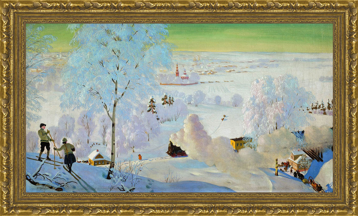 Арт-постер в багете Лыжники (Б.М. Кустодиев), 24 x 40 см24x40 OZ179-50601 Арт-постер в багете Лыжники (Б.М. Кустодиев), 24 x 40 см24x40 OZ179-50601Художественная репродукция картины Б.М. Кустодиева Лыжники. Изображение нанесено на чрезвычайно плотную основу (это не бумага и не картон) и обрамлено в багет. Технология изготовления арт-постеров подразумевает обязательную художественную ламинацию каждого изображения, что придает картине дополнительную ценность, а также защищает поверхность от загрязнения, повреждений (в том числе попыток помять, исцарапать изображение), влаги и ультрафиолетовых лучей. Такие арт-постеры совершенно спокойно перенесут не одну зиму в дачном или загородном доме. Ламинирование может значительно улучшить качество изображения. Использование пленок дает различную фактуру лицевой поверхности изображения (глянцевую, матовую, холщевую, ситцевую, льняную и другие). Например, при использовании глянцевых пленок изображение проявляется - краски становятся более контрастными и сочными. Технология художественного ламинирования максимально приближает изображение к натуральной картине (холст,...