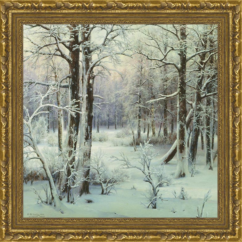Арт-постер в багете Иней (И.А. Вельц), 40 x 40 см40x40 OZ133-50601 Арт-постер в багете Иней (И.А. Вельц), 40 x 40 см40x40 OZ133-50601Художественная репродукция картины И.А. Вельца Иней. Изображение нанесено на чрезвычайно плотную основу (это не бумага и не картон) и обрамлено в багет. Технология изготовления арт-постеров подразумевает обязательную художественную ламинацию каждого изображения, что придает картине дополнительную ценность, а также защищает поверхность от загрязнения, повреждений (в том числе попыток помять, исцарапать изображение), влаги и ультрафиолетовых лучей. Такие арт-постеры совершенно спокойно перенесут не одну зиму в дачном или загородном доме. Ламинирование может значительно улучшить качество изображения. Использование пленок дает различную фактуру лицевой поверхности изображения (глянцевую, матовую, холщевую, ситцевую, льняную и другие). Например, при использовании глянцевых пленок изображение проявляется - краски становятся более контрастными и сочными. Технология художественного ламинирования максимально приближает изображение к натуральной картине (холст, масло),...