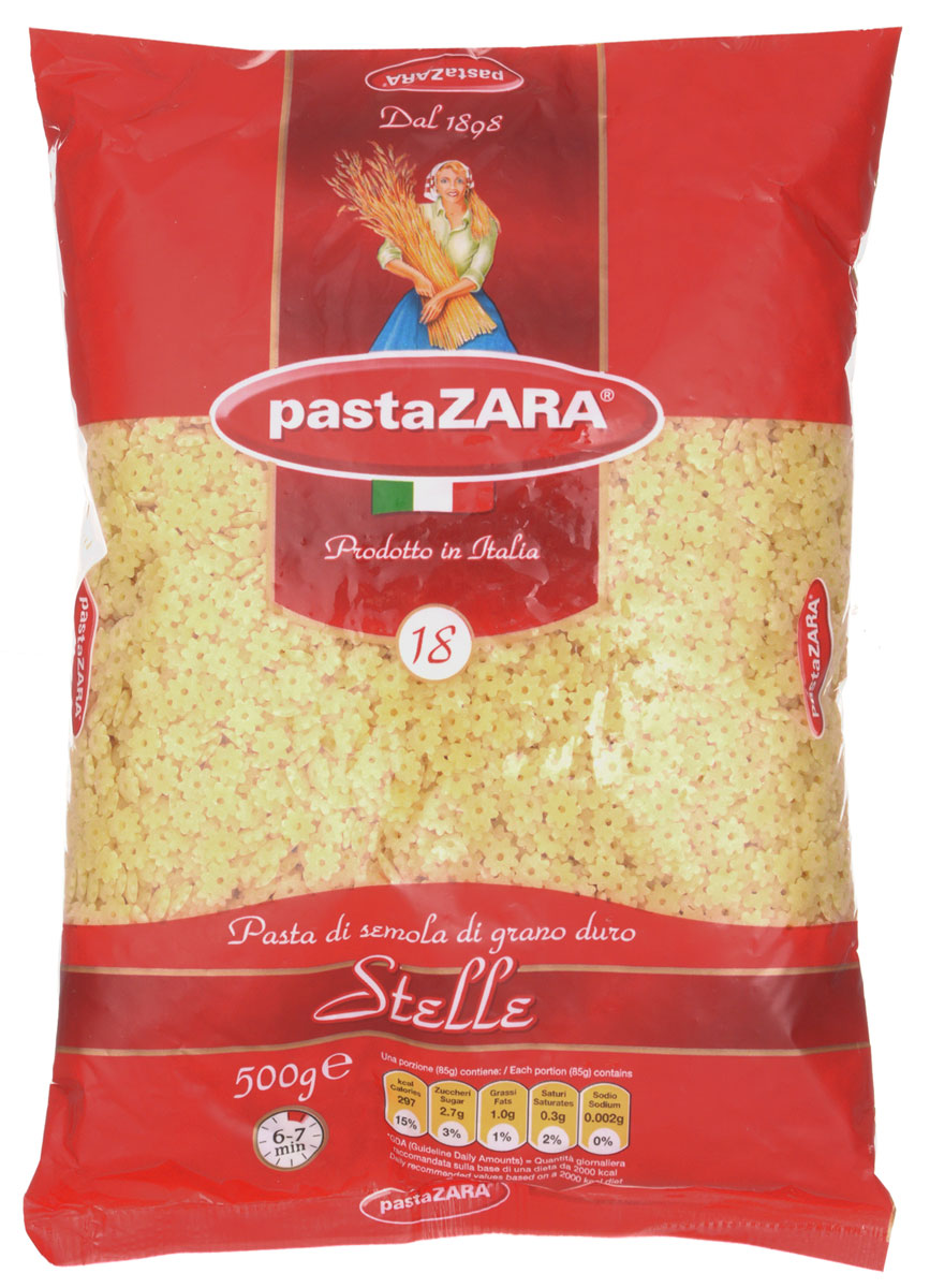Pasta Zara Звездочки макароны, 500 г8004350130181 Pasta Zara Звездочки макароны, 500 г8004350130181Макароны-звездочки Pasta Zara 018 сочетают в себе современность технологий производства и традиционное итальянское качество. Они подходят как для добавления в супы, так и для приготовления детских блюд. Маленьким гурманам безусловно понравятся эти веселые мелкие макароны! Благодаря муке из твердых сортов пшеницы изделия не развариваются и сохраняют свою форму.