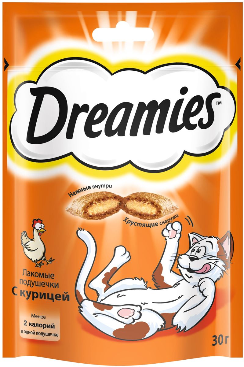Лакомство для взрослых кошек Dreamies, подушечки с курицей, 30 г37737 Лакомство для взрослых кошек Dreamies, подушечки с курицей, 30 г37737Лакомство Dreamies - это сказочное лакомство, выполненное в виде хрустящих подушечек с вкусной начинкой, является добавкой к ежедневному рациону кошки. Обогащено витаминами и минералами. Незабываемая нежная курочка в хрустящей вкусной подушечке - это достойная награда вашему любимому зверю. Состав: белковые растительные экстракты, злаки, мясо и субпродукты (включая 4% курицы), масло и жиры, витамины и минеральные вещества. Пищевая ценность в 100 г: белки - 34 г, жиры - 20 г, зола - 9,5 г, клетчатка - 1 г, влага - 10 г, витамин А - 528,8 МЕ, витамин Е - 8,8 мг, витамин В1 - 1,5 мг, витамин В2 - 0,7 мг, витамин В6 - 0,6 мг, витамин D3 - 58,3 МЕ, пентагидрат сульфата меди - 2,1 мг, моногидрат сульфата марганца- 4,3 мг, йодид калия - 0,2 мг, моногидрат сульфата цинка - 19,4 мг. Вес: 30 г. Энергетическая ценность в 100 г: 386 ккал. Товар сертифицирован.
