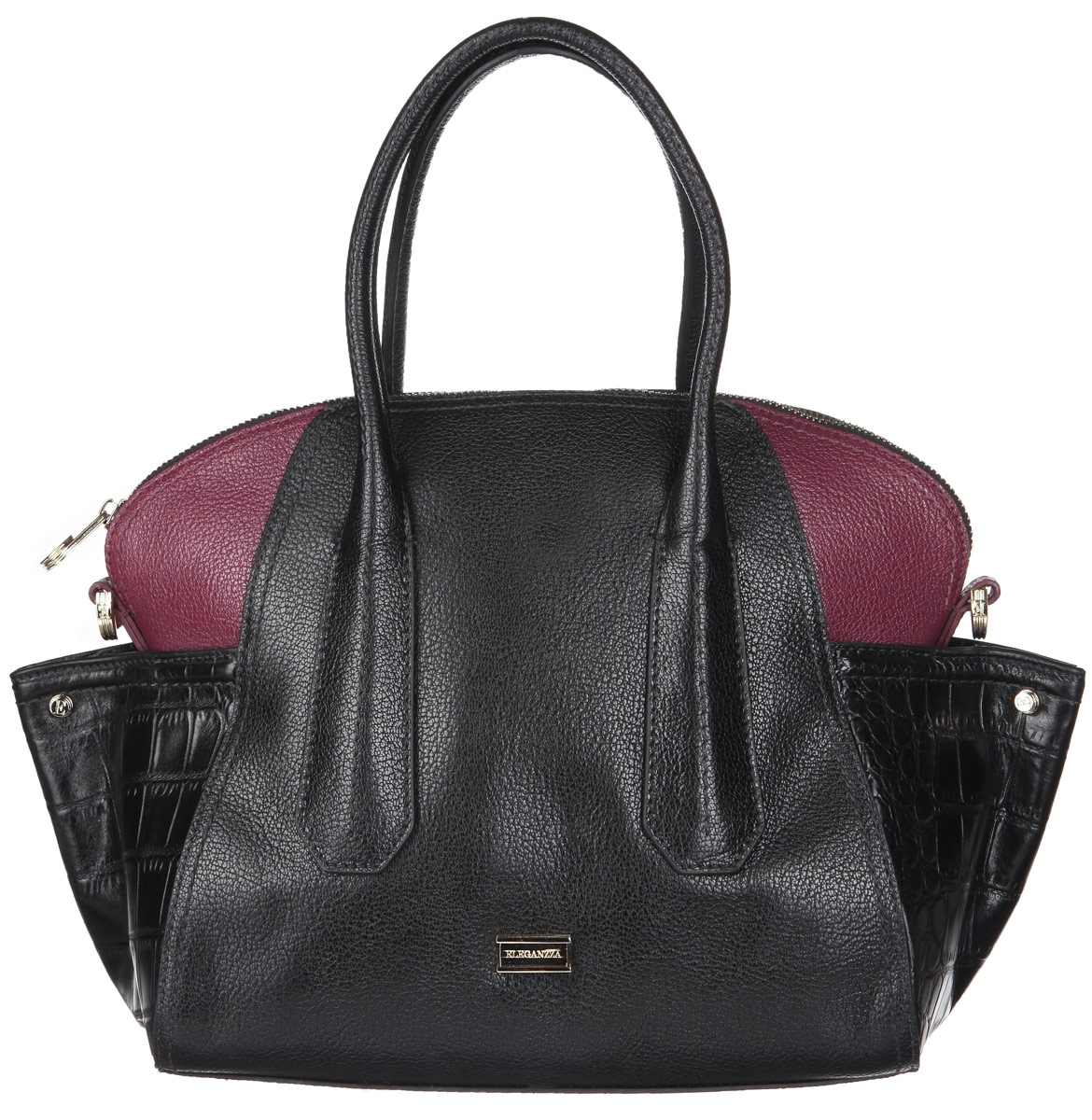 Сумка женская Eleganzza, цвет: черный, бордовый. Z-14243-173298с-1 Сумка женская Eleganzza, цвет: черный, бордовый. Z-14243-173298с-1Стильная женская сумка Eleganzza выполнена из натуральной высококачественной кожи с фактурным тиснением и дополнена вставками из кожи под рептилию. Изделие имеет одно основное отделение, закрывающееся на застежку-молнию. Внутри находятся два открытых накладных кармана и прорезной карман на застежке-молнии. Сумка оснащена двумя удобными ручками. В комплект входит съемный плечевой ремень, который регулируется по длине, и фирменный чехол. Основание защищено от повреждений металлическими ножками.Сумка Eleganzza - это стильный аксессуар, который подчеркнет вашу изысканность и индивидуальность и сделает ваш образ завершенным.
