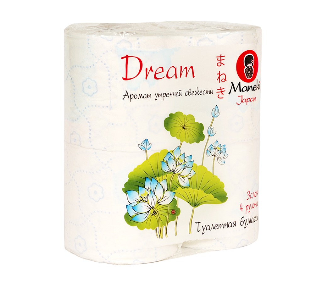Туалетная бумага Maneki Dream, с ароматом утренней свежести, 3 слоя, 4 рулонаTP074 Туалетная бумага Maneki Dream, с ароматом утренней свежести, 3 слоя, 4 рулонаTP074Туалетная бумага Maneki Dream - это экологически чистый продукт, изготовленный из 100% натуральной целлюлозы. Бумага имеет голубое тиснение в виде цветов и аромат утренней свежести. Не содержит флуоресцентных красителей. Отдушка нежно парфюмирована, не вызывает аллергических реакций. Инновационная технология скрепления слоев обеспечивает бумаге шелковистость и непревзойденную нежность. Бумага хорошо растворяется в воде. Аккуратно отрывается по линии перфорации. Длина рулона: 23 м. Количество слоев: 3. Количество листов: 167. Размер листа: 13,8 см х 10 см.
