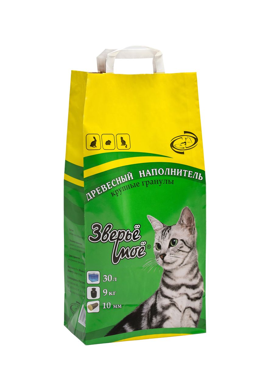 Наполнитель древесный Зверье Мое, крупные гранулы, 9 кг (30 л)30895 Наполнитель древесный Зверье Мое, крупные гранулы, 9 кг (30 л)30895Гранулы из хвойных пород древесины диаметром 10мм Древесные наполнители для кошек и котят, кроликов, морских свинок, хомяков, крыс и других грызунов «Зверьё Моё» производятся только из специально отобранной, тщательно просушенной, измельченной и спрессованной древесины хвойных пород. В производстве исключено использование топливных гранул. Натуральные, только эко-сырье, впитывают в 3 раза больше собственного веса, запирают запахи, бактерицидные, не пылят, не прилипают к шерсти и лапам, безопасны при попадании в желудок, гипоаллергенны, легко утилизируются в унитаз