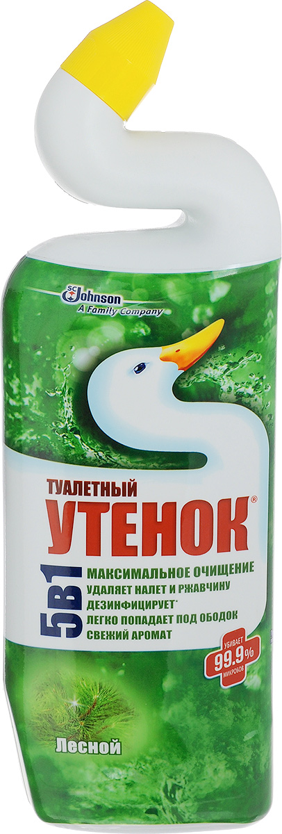 Чистящее средство для унитазов Туалетный утенок, лесной, 750 мл629025 Чистящее средство для унитазов Туалетный утенок, лесной, 750 мл629025Чистящее средство для унитазов Туалетный утенок обеспечивает максимальное очищение и дезинфицирующий эффект (убивает 99,9% микробов). Удаляет ржавчину и налет, устраняет неприятные запахи и придает свежий лесной аромат. Благодаря уникальной форме горлышка Туалетный утенок лучше попадает в труднодоступные места скопления бактерий под ободком унитаза. Специальная конструкция колпачка не позволяет открывать флакон детям. Состав: вода, кислота соляная >5% но Товар сертифицирован.