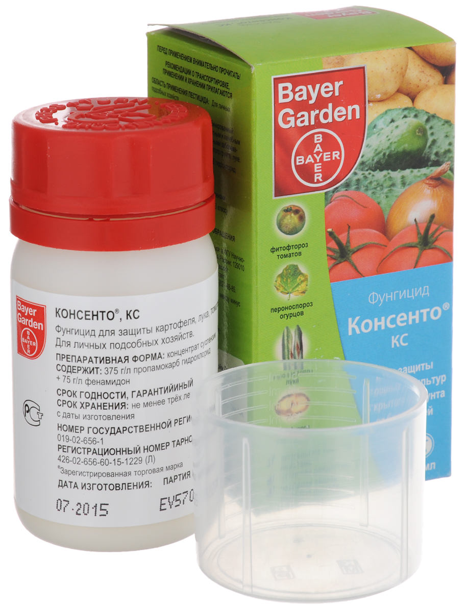 Фунгицид Bayer Garden Консенто для защиты овощных культур от болезней, 60 млУТ-00000305 Фунгицид Bayer Garden Консенто для защиты овощных культур от болезней, 60 млУТ-00000305Фунгицид Bayer Garden Консенто - это системный комбинированный фунгицид широкого спектра действия с защитным и лечебным эффектом. Применяется для борьбы с грибными заболеваниями на картофеле, томате и огурце открытого грунта, луке. Препарат имеет длительное действие, отличную дождестойкость и надежную защиту молодых листьев. Действующее вещество: пропамокарб гидрохлорид + фенамидон. Концентрация: 375 г/л + 75 г/л. Препаратная форма: концентрат суспензии. Класс опасности: 3 класс (умеренно опасное соединение). Товар сертифицирован.