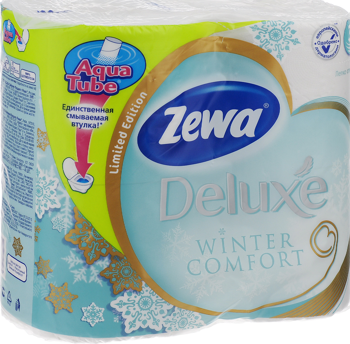 Туалетная бумага Zewa Deluxe. Winter Comfort, трехслойная, цвет: белый, 4 рулона3228_Winter Comfort Туалетная бумага Zewa Deluxe. Winter Comfort, трехслойная, цвет: белый, 4 рулона3228_Winter ComfortТрехслойная туалетная бумага Zewa Deluxe. Winter Comfort изготовлена из целлюлозы высшего качества. Мягкая, нежная, но в тоже время прочная, бумага не расслаивается и отрывается строго по линии перфорации. Рулоны оснащены смываемой биоразлагаемой втулкой. Бумага без аромата. Материал: 100% целлюлоза. Количество листов (в одном рулоне): 150 шт. Количество слоев: 3. Размер листа: 9,5 см х 13,4 см. Длина рулона: 20,1 м.