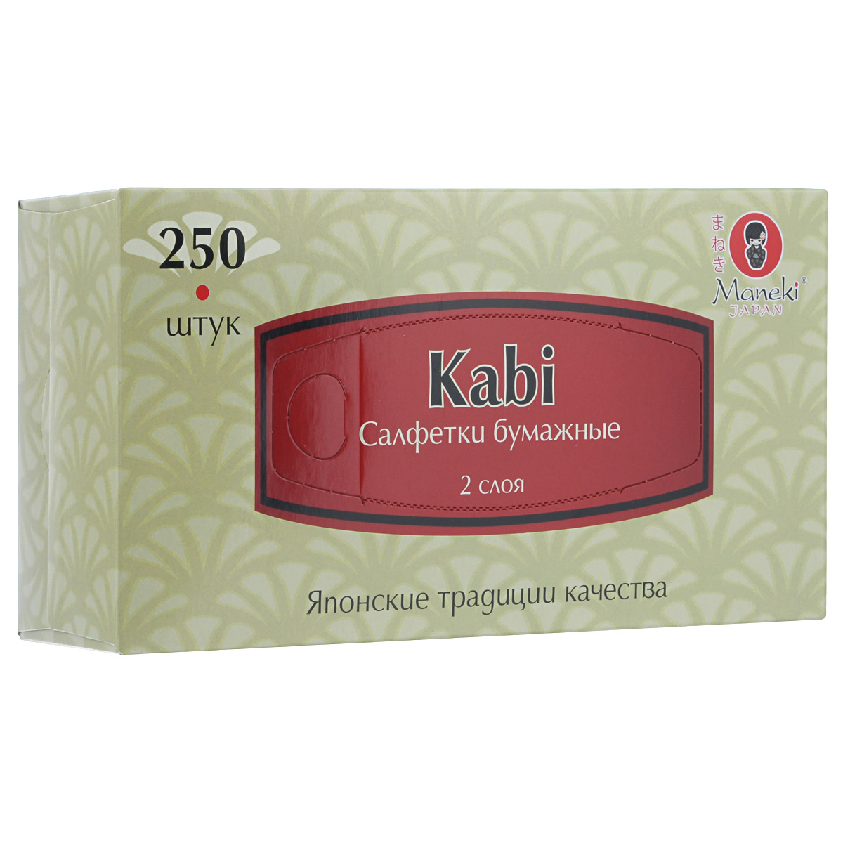 Салфетки бумажные Maneki Kabi, двухслойные, 21 х 19,6 см, 250 штFT371 Салфетки бумажные Maneki Kabi, двухслойные, 21 х 19,6 см, 250 штFT371Универсальные двухслойные салфетки Maneki Kabi выполнены из высококачественного целлюлозного сырья. Салфетки подходят для косметического, санитарно-гигиенического и хозяйственного назначения. Изделия обладают хорошими впитывающими свойствами. Салфетки имеют мягкую и нежную текстуру. При извлечении из коробки салфетки не рвутся. Размер салфеток: 21 х 19,6 см.