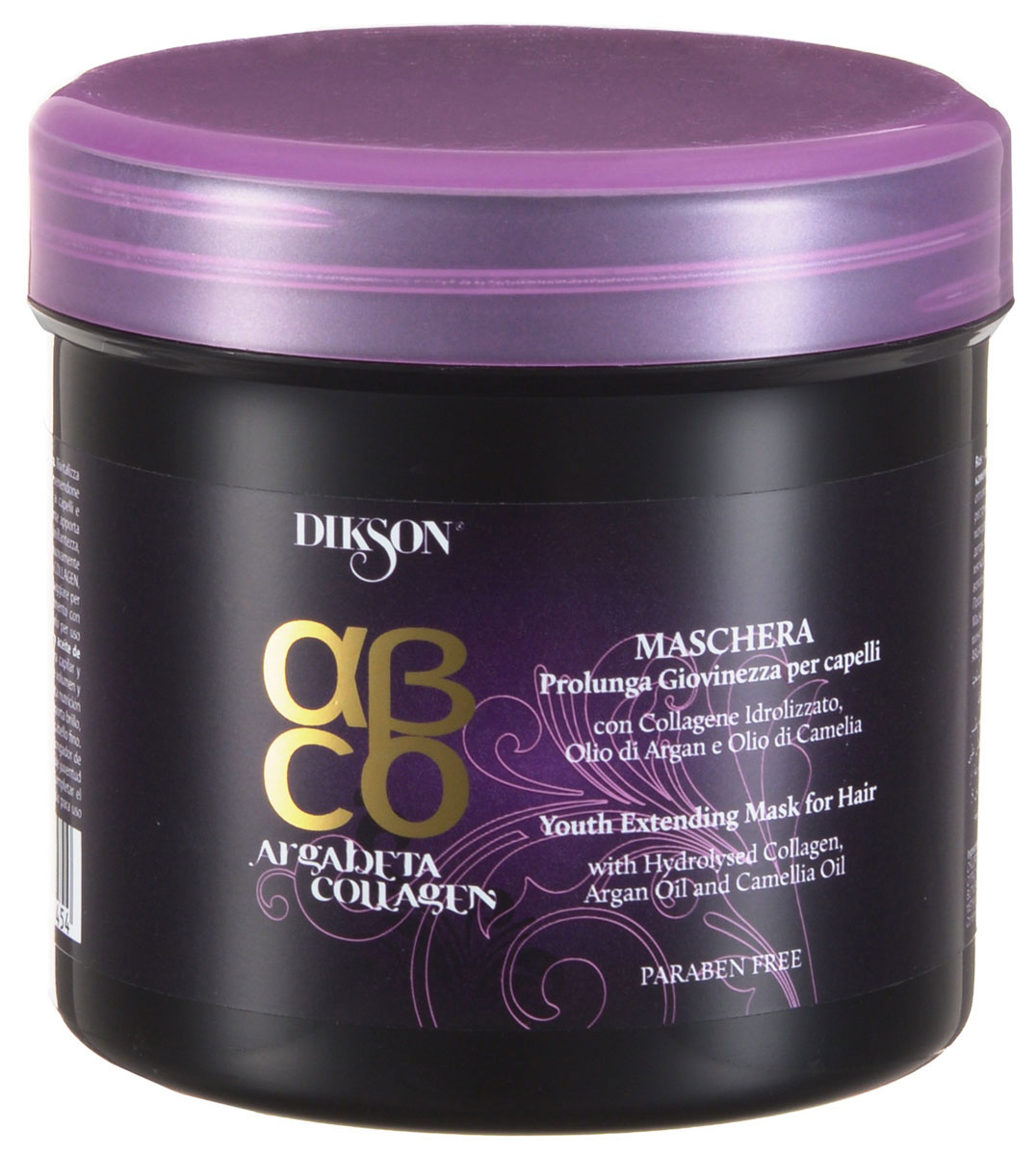 Dikson ArgaBeta Маска Продление молодости Collagene Mask 500 млБ33041_шампунь-барбарис и липа, скраб -черная смородина Dikson ArgaBeta Маска Продление молодости Collagene Mask 500 млБ33041_шампунь-барбарис и липа, скраб -черная смородинаПитательная маска, которая подходит для всех типов волос. Она не утяжеляет волосы, упрочняя их. Имеет эффект восстановления и предотвращения преждевременного старения. Натуральный коллаген, который входит в состав маски, оказывает стимулирующее воздействие на собственный коллаген в клетках кожи. Аргановое масло, витамин Е действуют как антиоксидант, оказывают глубокую подпитку волосам, увлажняют их и укрепляют. Масло камелии прекрасно придает блеск, сияние и мягкость. Обладает ярко выраженным эффектом при аллергии и перхоти.