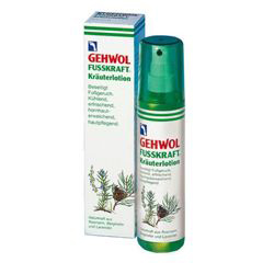 Gehwol Fusskraft Herbal Lotion - Травяной лосьон для ног 150 мл1*11308 Gehwol Fusskraft Herbal Lotion - Травяной лосьон для ног 150 мл1*11308Травяной лосьон Геволь (Fusskraft Herbal Lotion Gehwol) содержит большое количество натуральных эфирных масел из розмарина, горной сосны и лаванды, дезодорирующие и дезинфицирующие элементы, охлаждающий ментол, ингредиенты на основе карбамида. Лосьон обладает приятным нежным запахом и дезодорирующими свойствами, но кроме этого он смягчает кожу и оказывает нормализующее воздействие на процесс потоотделения. Это средство охлаждает и освежает уставшие ноги и на продолжительное время избавляет от неприятного запаха пота, а также защищает от грибковых заболеваний. Активные компоненты: эвкалиптовое масло, касторовое масло, розмариновое масло, лавандовое масло, апельсиновое масло, сосновое масло, аллантоин, бисаболол, пантенол, молочная кислота, спирт денатурированный, фарнезол, вода.