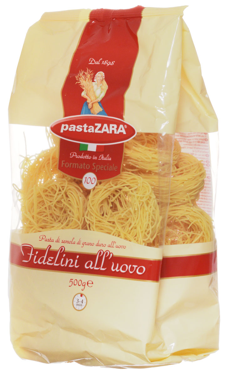 Pasta Zara Клубки яичные тонкие фиделлини макароны, 500 г0120710 Pasta Zara Клубки яичные тонкие фиделлини макароны, 500 г0120710Макаронные изделия Pasta Zara — одна из самых популярных марок итальянских макаронных изделий в России. Продукция под торговой маркой Паста Зара сочетает в себе современность технологий производства и традиционное итальянское качество. Макаронные изделия Pasta Zara представлены более чем в 80 странах мира.Макароны Pasta Zara выпускаются в Италии с 1898 года семьёй Браганьоло уже в течение четырёх поколений. Компания Pasta Zara — это семейный бизнес, который вкладывает более, чем вековой опыт работы с макаронными изделиями в создание и продвижение своего продукта, тщательно отслеживая сохранение традиций.Макароны Pasta Zara Клубки из твердых сортов пшеницы не развариваются, что позволит сохранить их форму в приготавливаемом блюде. Они придутся по вкусу даже самому изысканному гурману!
