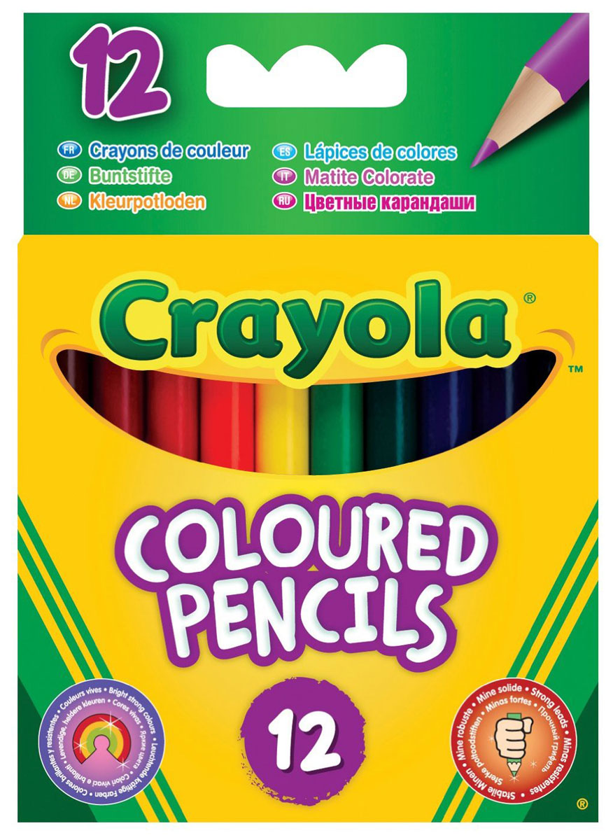 Crayola Набор коротких цветных карандашей 12 шт4112 Crayola Набор коротких цветных карандашей 12 шт4112Набор цветных карандашей от Crayola - это набор из 12 коротких цветных карандашей с круглым сечением, который предназначен для юных художников. Такие карандаши очень прочны. Благодаря увеличенному диаметру грифеля (0,33 см при диаметре карандаша 0,7 см) эти карандаши имеют повышенную стойкость к механическим повреждениям. Это значит, что если ребенок уронит карандаш или будет слишком сильно нажимать при рисовании, у грифеля меньше шансов расколоться. Карандаши сделаны из качественной гладкой древесины и их удобно точить. Рекомендуемый возраст: от 3-х лет.