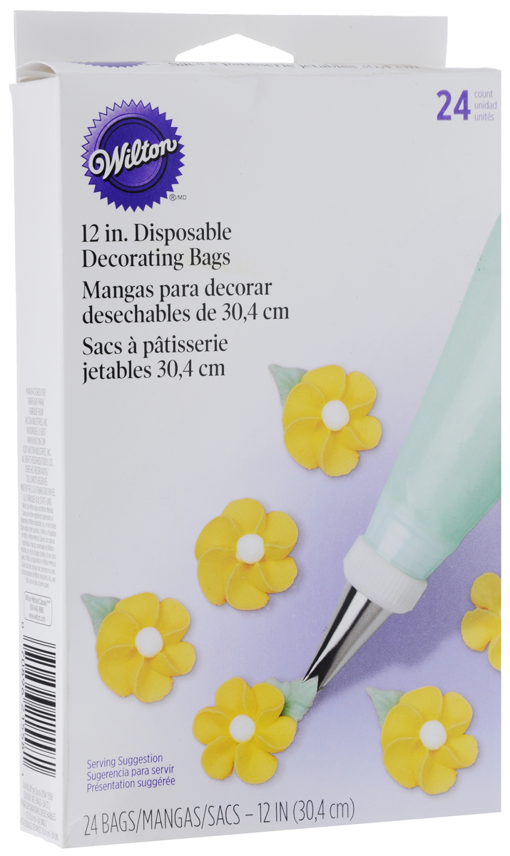 Кондитерские мешки Wilton, одноразовые, 24 шт94672 Кондитерские мешки Wilton, одноразовые, 24 шт94672Одноразовые кондитерские мешки Wilton изготовлены из высококачественного прочного полиэтилена, поэтому работать ими максимально удобно. Мешки можно использовать с фиксатором и без него. Идеальны для украшения кремом тортов и пирожных. Они также прекрасно подходят для растапливания шоколада или карамели (Candy Melts) в микроволновой печи. К мешкам подходят все стандартные насадки и фиксаторы (в комплект не входят). Вы просто используете мешок, а затем выбрасываете! Качественные и простые в использовании кондитерские мешки упростят процесс приготовления выпечки и станут незаменимым аксессуаром на кухне современной хозяйки.
