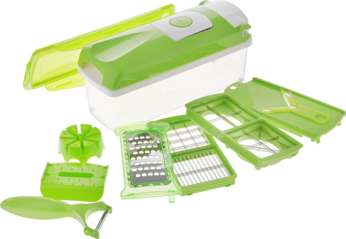 Овощерезка Bradex Nicer Dicer115510 Овощерезка Bradex Nicer Dicer115510Овощерезка Bradex Nicer Dicer, выполненная из высококачественного ABC пластика и нержавеющей стали, обладает огромным диапазоном применения и занимает очень мало места на кухне. С помощью этого уникального приспособления вы сможете порезать сырые и вареные овощи и фрукты, на-шинковать лук, натереть морковь и многое другое. В комплект входит: - режущий верхний элемент с решеткой; - режущая нижняя часть (база); - контейнер для хранения с крышкой; - вкладыш-лезвие для нарезания маленькими/средними кубиками; - вкладыш-лезвие для нарезания ломтиками/крупными кубиками; - вкладыш-лезвие для нарезания на четвертинки и клинья; - съемная насадка на лезвия прибора; - частичная защитная насадка на все режущие вкладыши; - насадка-терка (с защитной крышкой); - сплошная насадка для нарезания продуктов ломтиками (с защитной крышкой для лезвия); - устройство для фиксации овощей и фруктов с приспособлением для их проталкивания; - овощечистка.Такая овощерезка непременно пригодится на любой кухне: она компактна, удобна в использовании и легко моется.Все части овощерезки пригодны для мытья в посудомоечной машине.Размер платформы-базы: 28 х 10,5 х 5 см.Размер насадки: 16 х 8 х 1,5 см.Размер терки: 18 х 8,5 см.Размер контейнера: 27 х 10 х 7,5 см.Объем контейнера: 1,5 л.Размер держателя для продуктов: 9 х 7 х 3 см.Длина овощечистки: 16 см.Длина рабочей поверхности: 4,5 см.