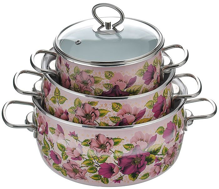 Набор кастрюль Vitross Violeta с крышками: 2 л, 3 л, 4 л, цвет: розовый. 1DA135S8DA035Sроз_2/3/4 Набор кастрюль Vitross Violeta с крышками: 2 л, 3 л, 4 л, цвет: розовый. 1DA135S8DA035Sроз_2/3/4Набор эмалированной посуды Violeta состоит из трех кастрюль разного объема с крышками. Посуда выполнена из тонколистового стального проката, покрытого двумя слоями эмали розового цвета. Корпус кастрюль оформлен изображением цветов. Эмалевое покрытие имеет существенные преимущества по показателям безопасности влияния на организм человека, санитарным свойствам, простоте ухода и рассчитан на длительный срок эксплуатации. Оно устойчиво к перепадам температуры до 220°С, обладает высокой механической прочностью, противостоит воздействию пищевых кислот. Борта корпуса и крышки изделий защищены ободком из антикоррозийной стали. Крышки выполнены из жаропрочного стекла с ручками и ободками из нержавеющей стали, имеют пароотводы. Кастрюли оснащены по бокам эргономичными стальными ручками. Эмалированную посуду нельзя ронять, нагревать без жидкости, допускать замерзания в ней жидкости, чистить металлической мочалкой. Предметы набора пригодны для использования на всех видах...