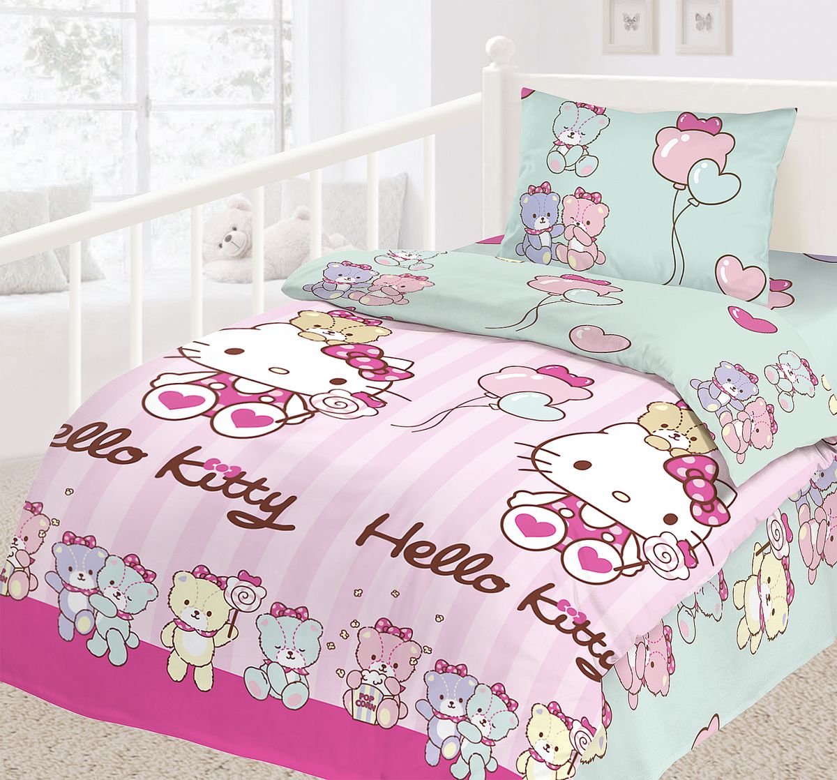 Комплект детского постельного белья Hello Kitty, цвет: розовый, голубой, 3 предмета180089 Комплект детского постельного белья Hello Kitty, цвет: розовый, голубой, 3 предмета180089Детский комплект постельного белья Hello Kitty состоит из наволочки, пододеяльника и простыни. Такой комплект идеально подойдет для кровати вашего ребенка и обеспечит ему здоровый сон. Он изготовлен из ранфорса (100% хлопок), дарящего малышу непревзойденную мягкость. Натуральный материал не раздражает даже самую нежную и чувствительную кожу ребенка, обеспечивая ему наибольший комфорт. Приятный рисунок комплекта подарит вашему ребенку встречу с любимыми героями полюбившегося мультфильма и порадует яркостью и красочностью дизайна.
