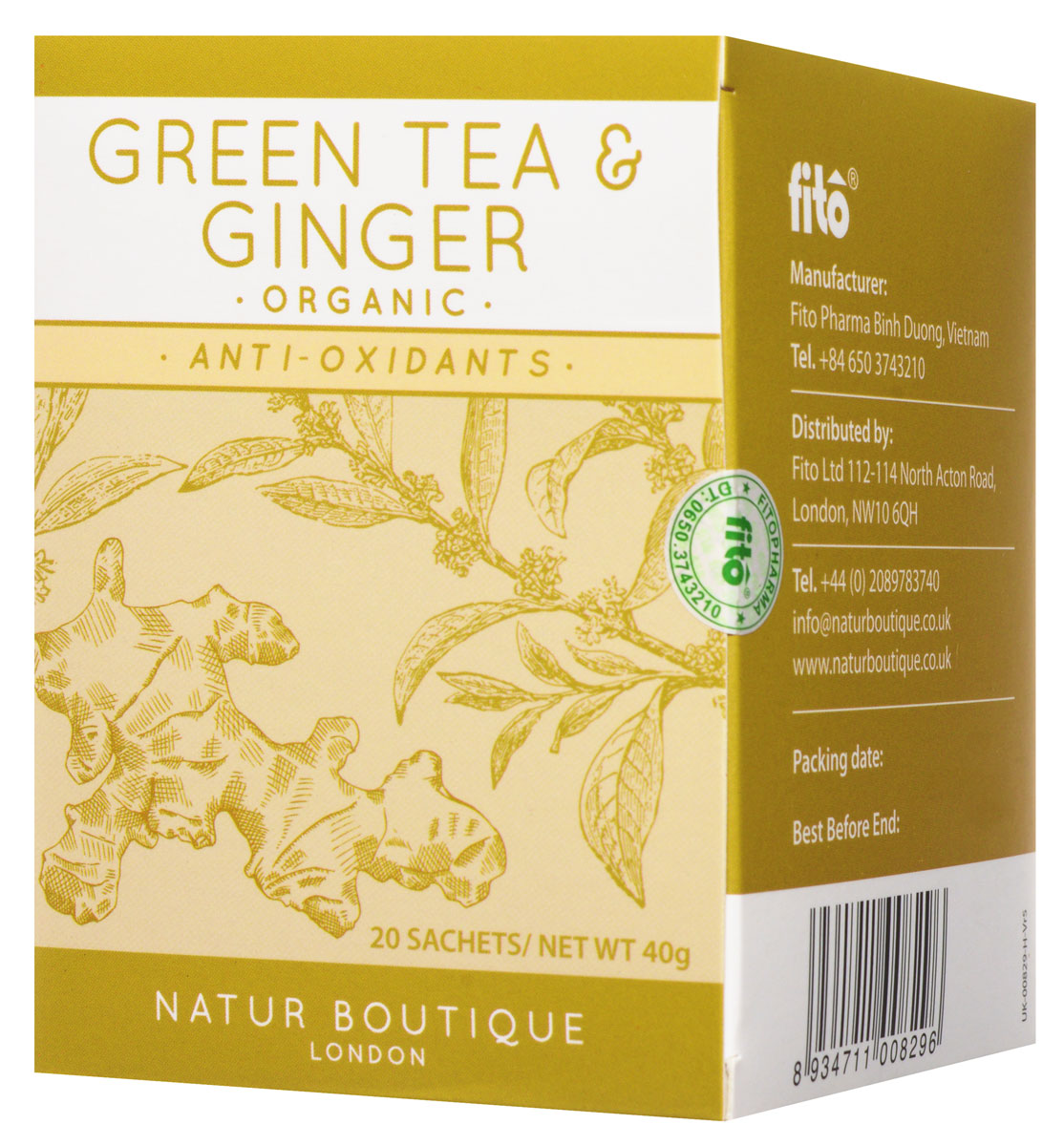 Natur Boutique Green Tea&Ginger Organic Tea органический зеленый чай с имбирем, 20 пакетиков0120710 Natur Boutique Green Tea&Ginger Organic Tea органический зеленый чай с имбирем, 20 пакетиков0120710Органический зеленый чай Natur Boutique Green Tea&Ginger Organic Tea подарит вам отличный освежающий вкус. Выращенный на лучших северных плантациях Вьетнама с использованием самых высококачественных удобрений, он обладает прекрасными целебными свойствами и великолепно сочетает в себе превосходный аромат зеленого чая и имбиря. Производство ведется без использования химических добавок и ароматизаторов, что помогает достигать потрясающего натурального вкуса.В его состав входят только зеленый чай и имбирь. Добавление каких-либо примесей недопустимо. Данный товар имеет огромную пользу для каждого человека, ведь употребление этого чая поспособствует повышению умственных и физических показателей организма, а также значительному улучшению его тонуса. Повышенное содержание антиоксидантов позволяет достигать великолепных результатов и очищать организм от вредоносного воздействия загрязнённой окружающей среды. Natur Boutique также прекрасно восстанавливает метаболизм и корректирует вес, что самым лучшим образом отразится на здоровье каждого человека, а содержащийся в нем имбирь улучшает пищеварение, освежает и отлично помогает при простуде.