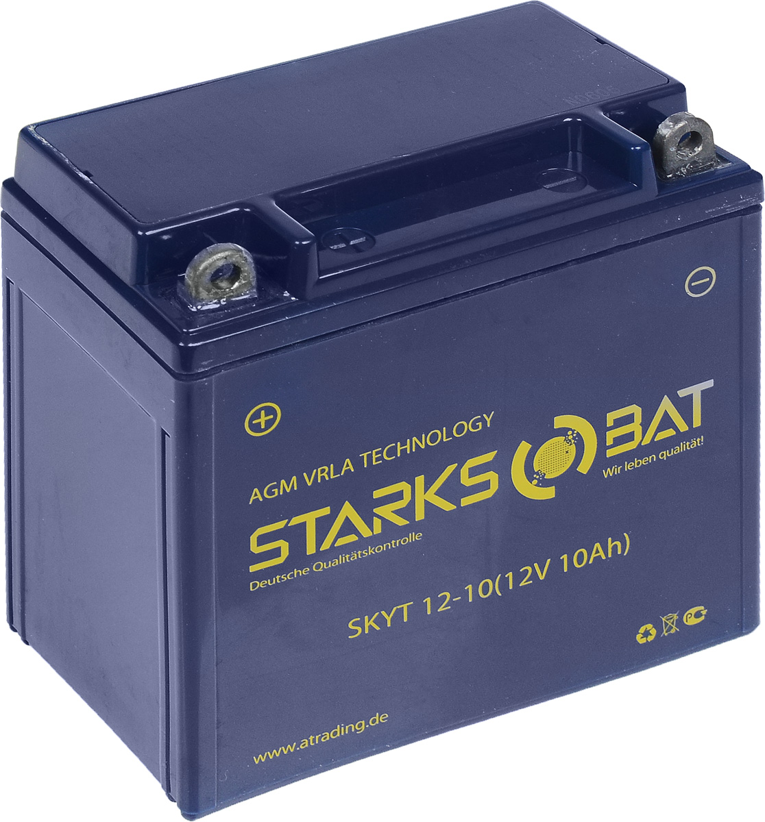 Батарея аккумуляторная для мотоциклов Starksbat. YT 12-10 (YB9A-A)YT 12-10 Батарея аккумуляторная для мотоциклов Starksbat. YT 12-10 (YB9A-A)YT 12-10Аккумулятор Starksbat изготовлен по технологии AGM, обеспечивающей повышенный уровень безопасности батареи и удобство ее эксплуатации. Корпус выполнен из особо ударопрочного и морозостойкого полипропилена. Аккумулятор блестяще доказал свои высокие эксплуатационные свойства в самых экстремальных условиях бездорожья, высоких и низких температур. Аккумуляторная батарея Starksbat производится под знаменитым немецким контролем качества, что обеспечивает ему высокие пусковые характеристики и восстановление емкости даже после глубокого разряда. Напряжение: 12 В. Емкость: 10 Ач. Полярность: прямая (+ -). Ток холодной прокрутки: 135 Аh (EN).