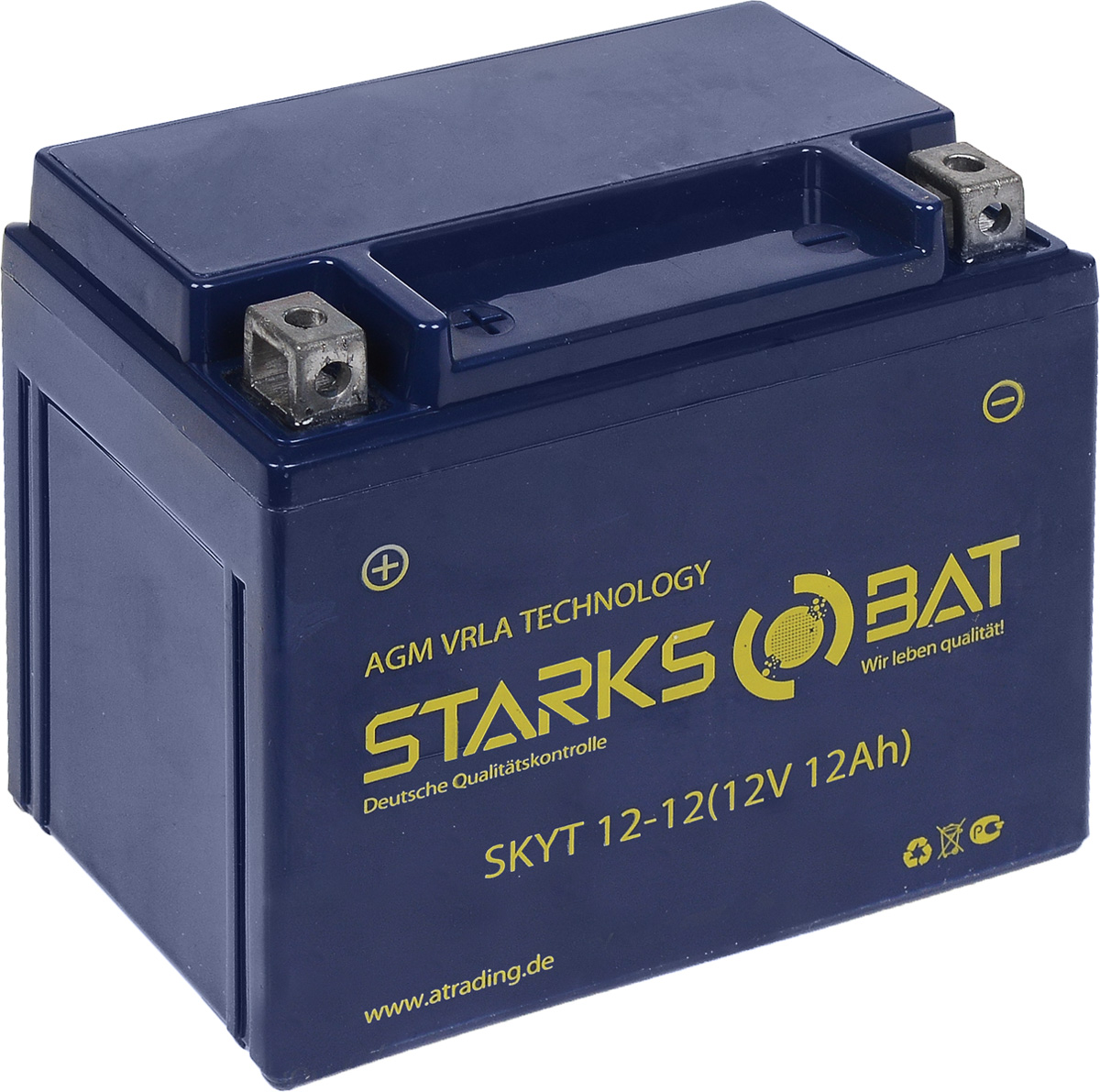 Батарея аккумуляторная для мотоциклов Starksbat. YT 12-12 (YTX14-BS)YT 12-12 Батарея аккумуляторная для мотоциклов Starksbat. YT 12-12 (YTX14-BS)YT 12-12Аккумулятор Starksbat изготовлен по технологии AGM, обеспечивающей повышенный уровень безопасности батареи и удобство ее эксплуатации. Корпус выполнен из особо ударопрочного и морозостойкого полипропилена. Аккумулятор блестяще доказал свои высокие эксплуатационные свойства в самых экстремальных условиях бездорожья, высоких и низких температур. Аккумуляторная батарея Starksbat производится под знаменитым немецким контролем качества, что обеспечивает ему высокие пусковые характеристики и восстановление емкости даже после глубокого разряда. Напряжение: 12 В. Емкость: 12 Ач. Полярность: прямая (+ -). Ток холодной прокрутки: 155 Аh (EN).
