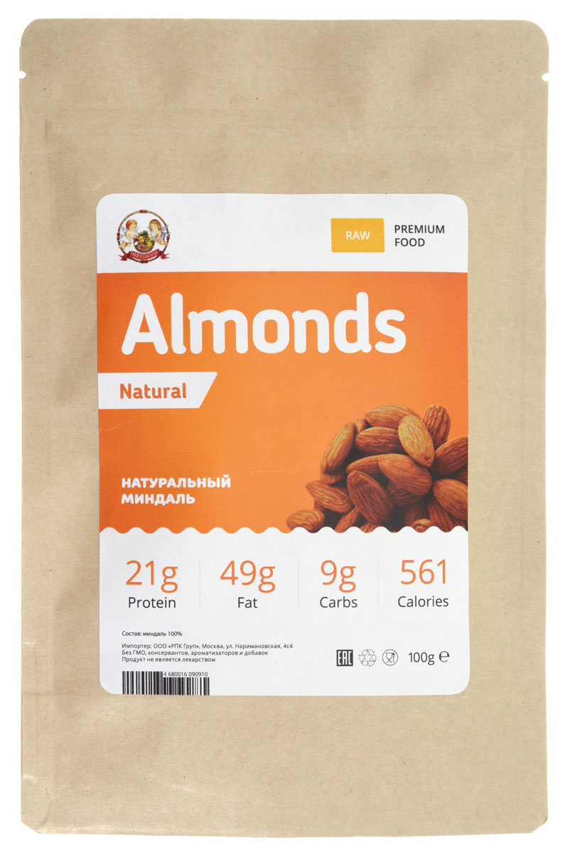 UFEELGOOD Almonds Natural натуральный орех миндаль, 100 г133 UFEELGOOD Almonds Natural натуральный орех миндаль, 100 г133Миндаль является богатым источником витаминов и минералов, положительно действует на сердечно-сосудистую систему, нормализует обмен веществ и улучшает зрение. Последние исследования обнаружили еще одну пользу этого продукта: ежедневное употребление миндаля способствует выработке полезных бактерий в желудочно-кишечном тракте, которые улучшают пищеварение. Орехи – хорошие источники белка, что особенно важно для вегетарианцев. В миндале содержатся минералы (магний, цинк и железо) и витамины В и Е – натуральные антиоксиданты, помогающие в борьбе с сердечными заболеваниями. Миндаль также хороший источник кальция. Миндаль можно употреблять как отдельное блюдо, с солью или сахаром (медом). Этот орех прекрасно подходит для украшения десертов, придания пикантного вкуса салатам, отваренным или обжаренным овощам. Молотый миндаль используется в выпечке и для придания густоты супам, гуляшу и соусам. Миндаль традиционно добавляется в марципан и нугу.