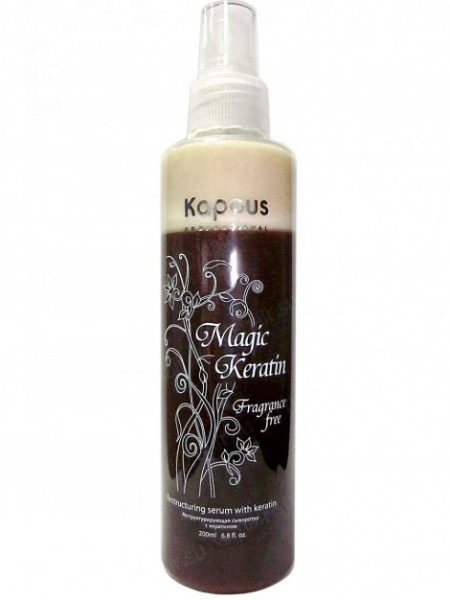 Kapous Реструктурирующая сыворотка с кератином Magic Keratin 200 млKap586 Kapous Реструктурирующая сыворотка с кератином Magic Keratin 200 млKap586Серия «Fragrance free» не имеет парфюмированных добавок. Двухфазная сыворотка на основе Кератина и молочной аминокислоты разработана для глубокого восстановления и защиты сухих волос, подверженных неоднократными химическими процедурами. Формула с Кератином защищаетволосы от воздействия внешних факторов, реконструирует поверхностный слой, возвращая эластичность и силу волосам. Молочная аминокислота способствует регенерации и является регулятором гидробаланса кожи головы и волос, предотвращает воздействие свободных радикалов. Результат: Сыворотка защищает волосы от ежедневного стресса, облегчает их расчесывание, делает их послушными, придавая блеск и многогранный цвет.