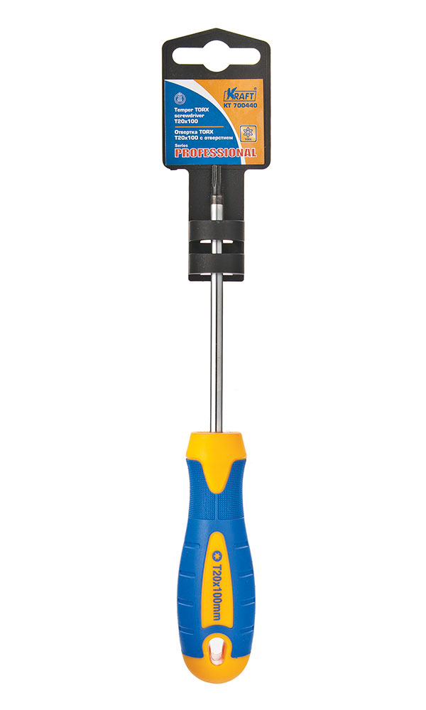 Отвертка TORX с отверстием Kraft Т25х100 КТ 70044180621 Отвертка TORX с отверстием Kraft Т25х100 КТ 70044180621- Cr-V, двухкомпонентная рукоятка