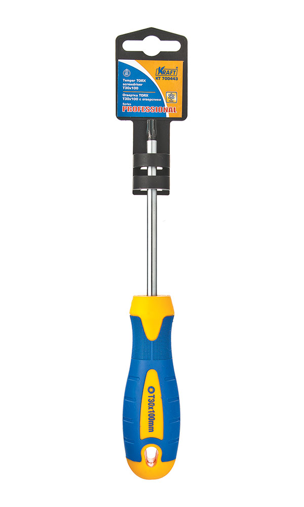 Отвертка TORX с отверстием Kraft Т30х100 КТ 700443КТ 700443 Отвертка TORX с отверстием Kraft Т30х100 КТ 700443КТ 700443- Cr-V, двухкомпонентная рукоятка