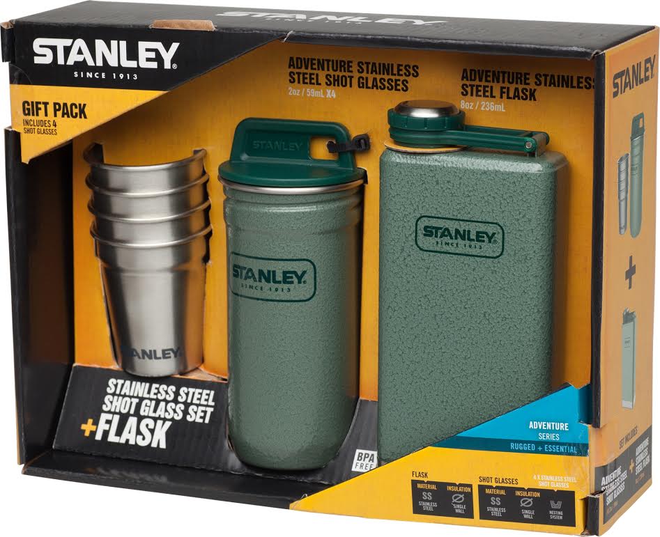 Набор стопок STANLEY Adventure, 4 шт, 0,59 мл + Фляга STANLEY 0,23 л, цвет: зеленый10-01883-002 Набор стопок STANLEY Adventure, 4 шт, 0,59 мл + Фляга STANLEY 0,23 л, цвет: зеленый10-01883-002Набор ADVENTURE:Набор стопок (4 шт.) из нержавеющ.стали+фляга 236 мм из нерж.стали,цвет-зеленый, в подарочной упаковке. Пожизненая гарантия.
