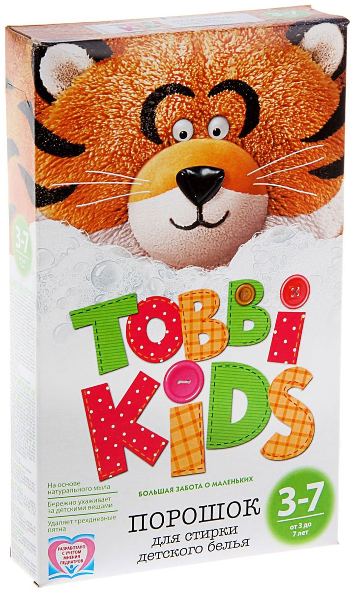 Tobbi Kids Стиральный порошок для детского белья от 3 до 7 лет 400 г891745 Tobbi Kids Стиральный порошок для детского белья от 3 до 7 лет 400 г891745Дети в возрасте от 3 до 7 лет активно развиваются и познают окружающий мир, что добавляет маме забот со стиркой. Чтобы справиться с загрязнениями, формула моющего средства должна быть эффективной, но одновременно с этим максимально безопасной, поэтому обычные взрослые стиральные порошки детям не подходят. Формула Tobbi Kids от 3 до 7 лет разработана с учетом рекомендаций педиатров и отвечает самым высоким требованиям безопасности. На основе натурального мыла и соды. Эффективен против пятен от фруктов и овощей, чернил, фломастеров, гуаши, бульонов, молочных каш, земли и травы. Гипоаллергенный и бесфосфатный. Состав: мыло хозяйственное, неионогенное ПАВ, анионное ПАВ, натрия перкарбонат, сода кальцинированная, усилитель отбеливателя, натрий карбоксиметилцеллюлоза, акремон В1, энзимы, отдушка, натрий сернокислый.