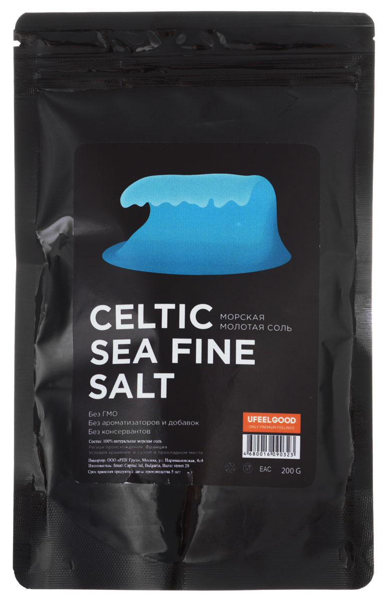 UFEELGOOD Celtic Sea Fine Salt морская молотая соль, 200 г0120710 UFEELGOOD Celtic Sea Fine Salt морская молотая соль, 200 г0120710Кельтская морская соль происходит из прибрежных районов Франции в провинции Brittany – одном из самых чистых уголков земли, ее собирают соляные фермеры. Бретонские крестьяне уже на протяжении 1000 лет собирают морскую соль вручную, и эти аутентичные кельтские методы используются до сих пор. Соль собирают только 3-4 месяца в год, так как для ее собирания необходимо сухое и солнечное лето.Кельтская морская соль высушивается с помощью солнца и ветра. Она сохраняет влагу, а также многочисленные редкие элементы. Соль имеет легкий серый оттенок, благодаря глинистым почвам, из которых она добывается.Кельтская морская соль — это мощный источник природной энергии, минералов. Добывают в летнее время, когда теплая погода несет в себе ветер, солнце и сильные испарения создающие насыщенность и пользу морской соли. 100% натуральная, без какой-либо обработки, соль медленно сохнет на солнце, затем собирается и упаковывается.