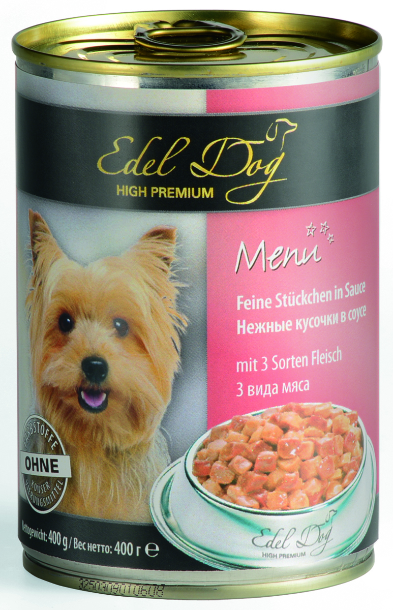 Консервы для собак Edel Dog, 3 вида мяса, 400 г0120710 Консервы для собак Edel Dog, 3 вида мяса, 400 г0120710Консервы для собак Edel Dog - полнорационный консервированный корм для собак всех пород. На основе нежной телятины, ягненка и индейки, с добавлением витаминов и минералов. Состав: мясо и мясопродукты (5% телятина, 5% ягненок, 5% индейка), злаки,минеральные вещества, инулин (0,1%). Аналитический состав: влажность 82%, сырой протеин 8,5%, сырой жир 4,5%, сырая зола 2,0%, сырая клетчатка 0,5%.Пищевые добавки/кг: витамин Д3 250 МЕ, цинк (сульфат цинка, моногидрат) 18 мг, витамин Е (альфа – токоферолацетат) 15 мг, медь (сульфат меди ||, пентагидрат) 1 мг, марганец (сульфат марганца ||, моногидрат) 1 мг. Товар сертифицирован.